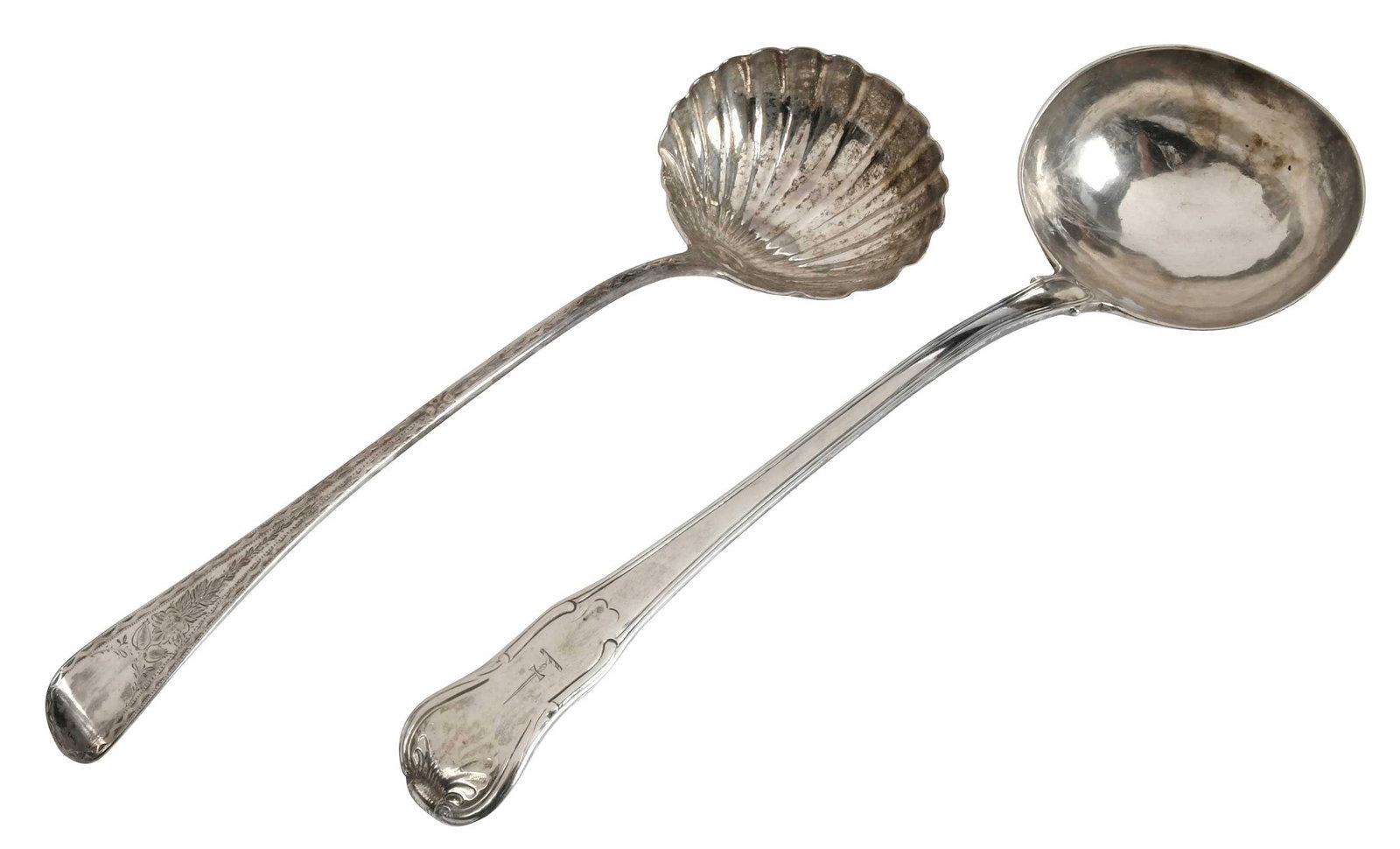 Two Georgian English Silver Ladles: early 19th century, one with shell bowl and bright cut decoration, marks for William Eley I & William Fearn, London, 1822, 12-1/2 in.; one with shell handle, marks for London, 1814, maker "SH", 13-1/2