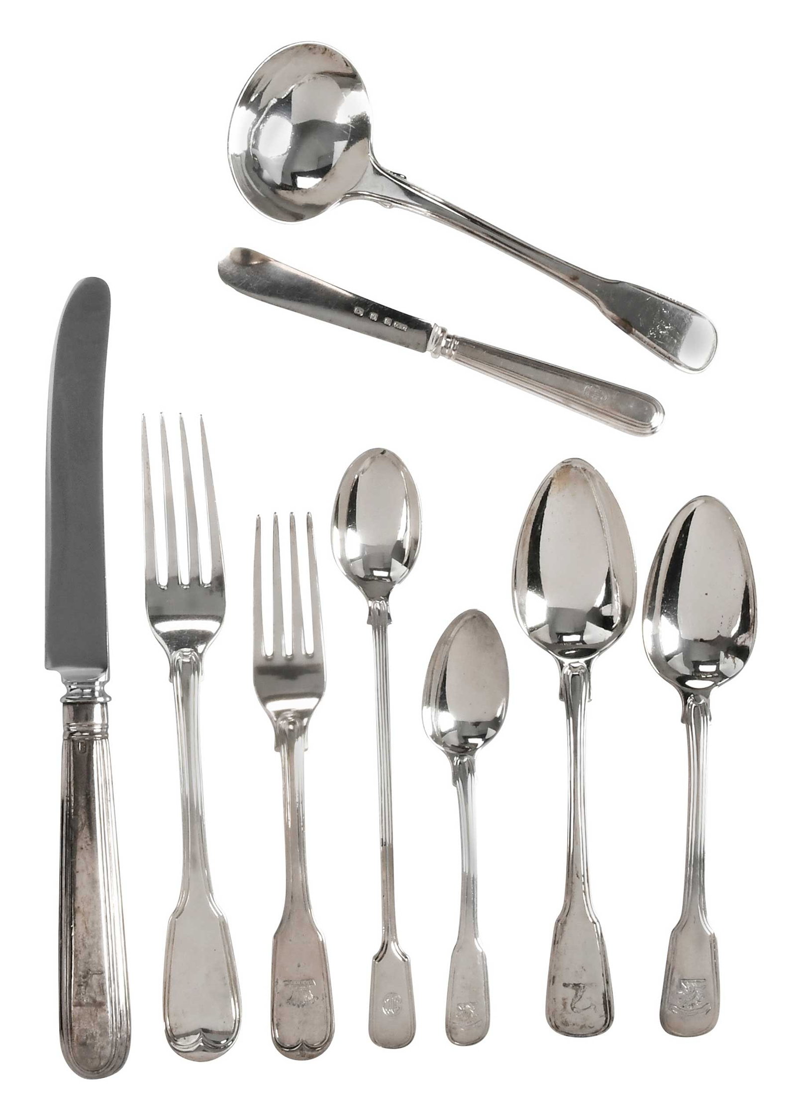 Assembled Set of Georgian English Silver Flatware, 157 Pieces: most London, late 18th/early 19th century, some later 20th century pieces, including twelve hollow handle knives; ten hollow handle spreaders with English silver knives; seventeen approx. 8 in. forks;