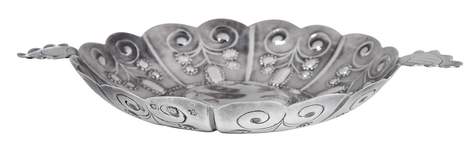 Charles I English Silver Sweetmeat, William Maddox: London, 1634, round with scalloped border, scroll and floral decoration, applied foliate handles, no monogram, marked "WM" for William Maddox, .925 fine, 3.40 oz. T., 1 x 8 x 5-3/4 in. Provenance: Sot