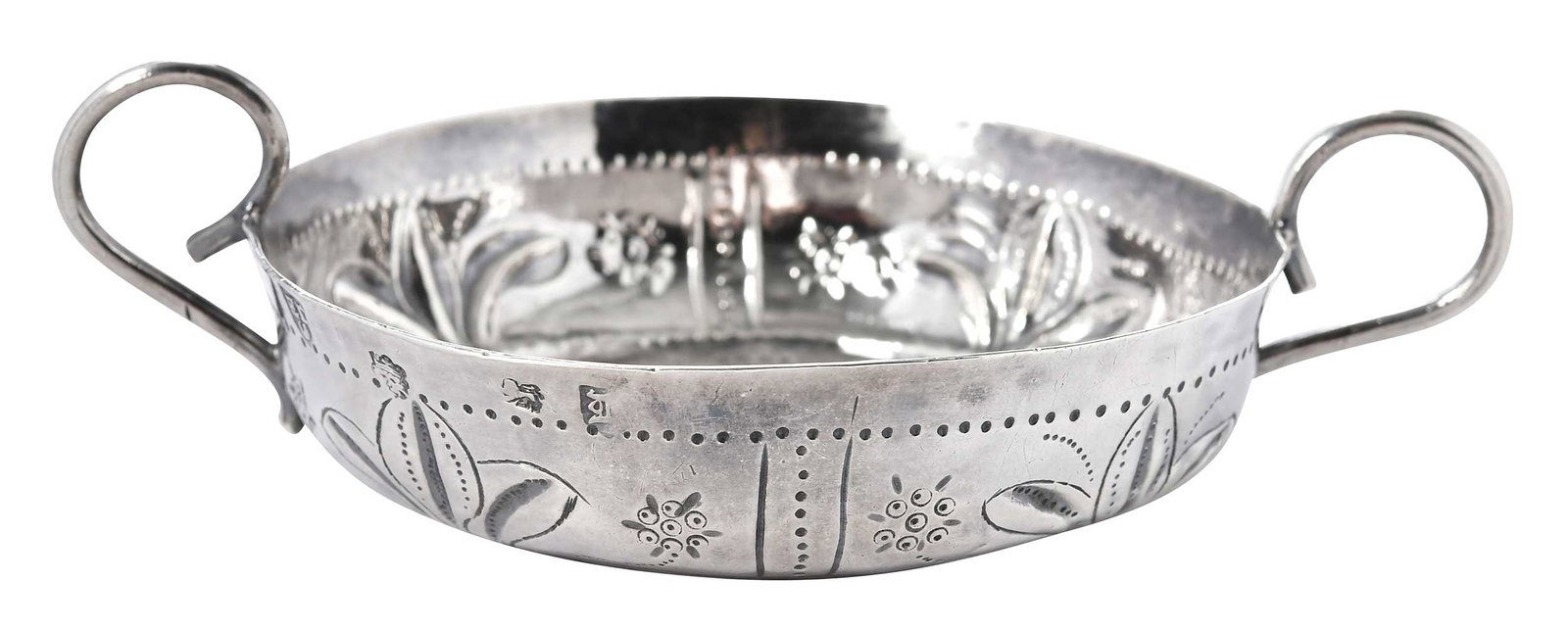 Charles II English Silver Wine Taster, Edward Treene: London, 1661, round form, floral decoration, scroll wire handles, no monogram, marks for Edward Treene, .925 fine, 74 grams, 1-1/2 x 5-3/4 x 4 in. Provenance: Shrubsole, New York, NY; Property from th
