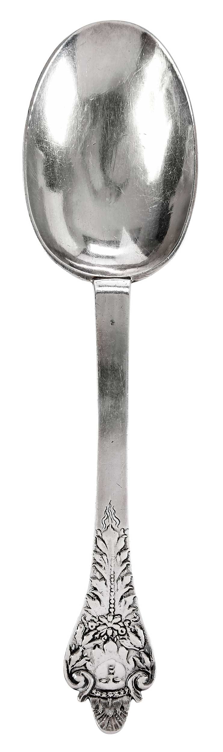 Charles II English Silver Trefid Spoon, Adam King: London, 1677, trefid terminal with cherub mask handle within foliage and flames, bowl with rattail and acanthus decoration, crest on back, monogram "P/R•M", marks for Adam King, .925 fine, 72 gra