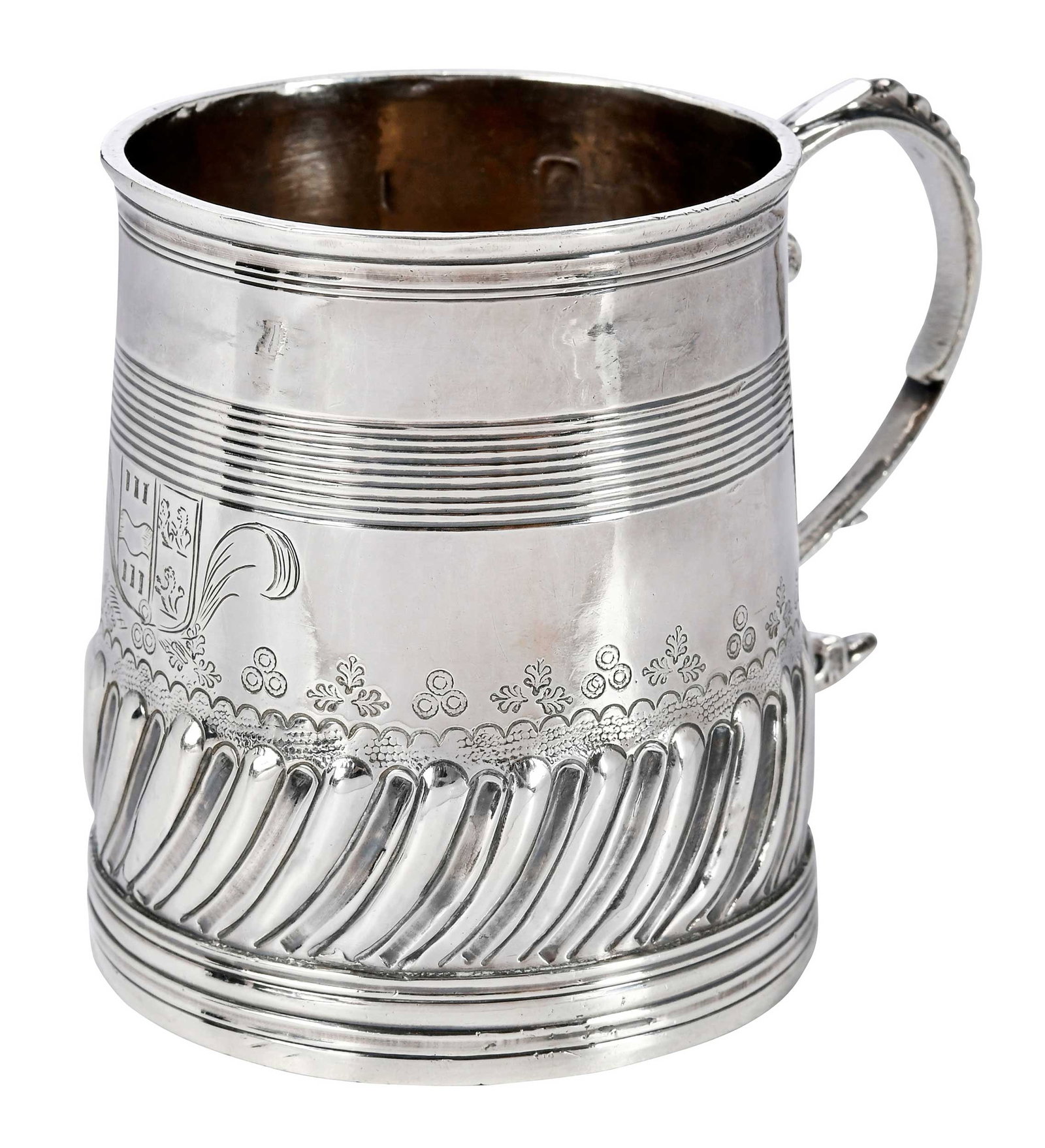 William III English Silver Mug, John Sutton: London, 1697, round form, tapering sides, swirl gadroon band, scroll handle, engraved decoration, coat of arms, marks for John Sutton, .925 fine, 6.56 oz. T., 3-3/4 x 4-1/2 x 3-1/4 in. Provenance: