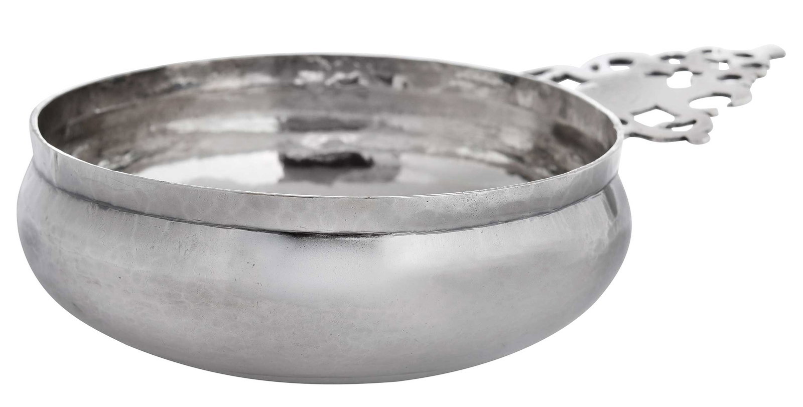 William III English Silver Bleeding Bowl, John Ruslen: London, 1698, Circular and with pieced trefoil handle, pricket monogram "W*F", marks for John Ruslen, .925 fine, 7.97 oz. T., 2 x 8-1/2 x 5-3/4 in. Provenance: Shrubsole, New York, NY; Property from