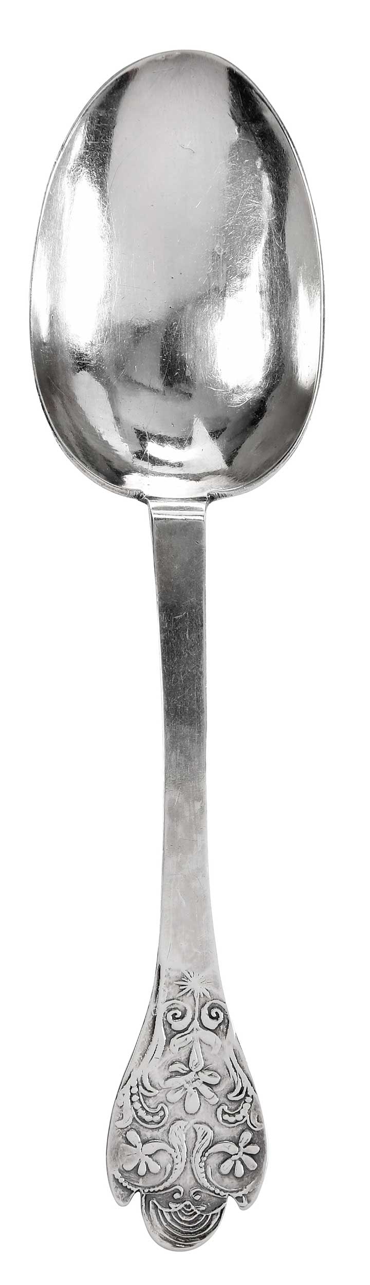 William III English Silver Spoon: Chard, c. 1700, trifid handle, bowl back and handle with floral and scroll decoration, pricked monogram on back "L/T*M/I*H/1700", marks for Richard Sweet, .925 fine, 56 grams, 7-3/4 in. Provenance: