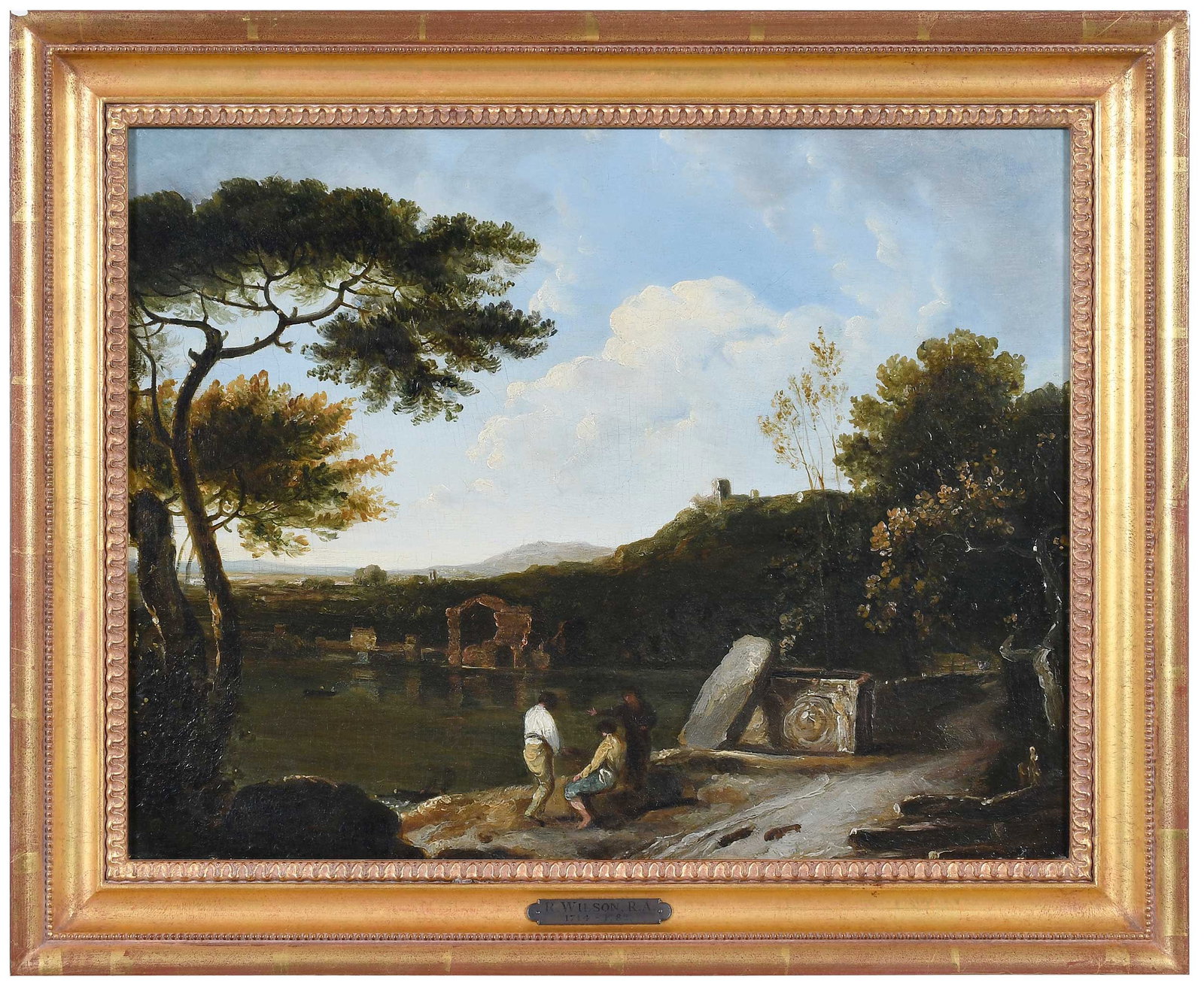 After Richard Wilson: (British, 1714-1782) Lake Avernus-I (Lake Avernus with Figures in the Foreground and the Temple of Apollo beyond), a 19th century copy after the originals, inscribed lower left with an indistinct