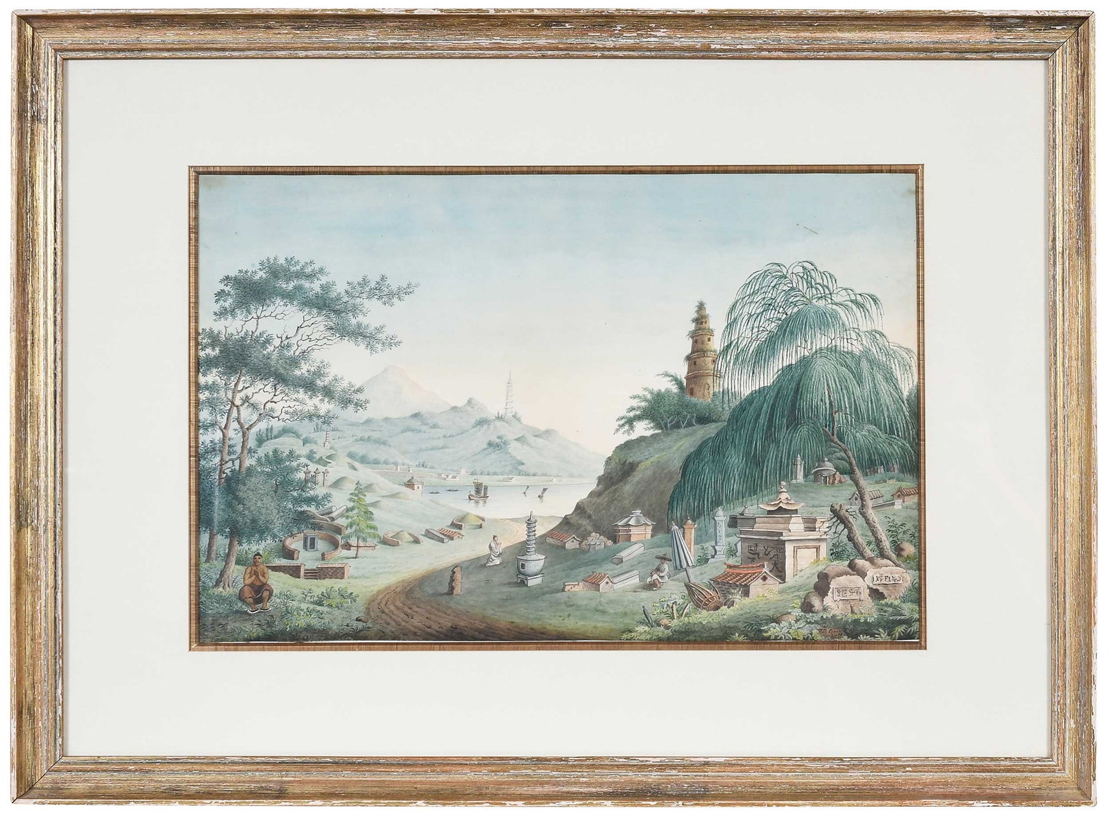 Rare Captain Thomas Davies Watercolor: (British, 1737-1812) The Borders of Lake Hsi-Hoo, the Temple of the Thundering Winds from the Vale of Tombs, China, 1797, signed lower right " T.D. pinxt 1797," watercolor, 13- 1/2 by 20-3/4 in.;