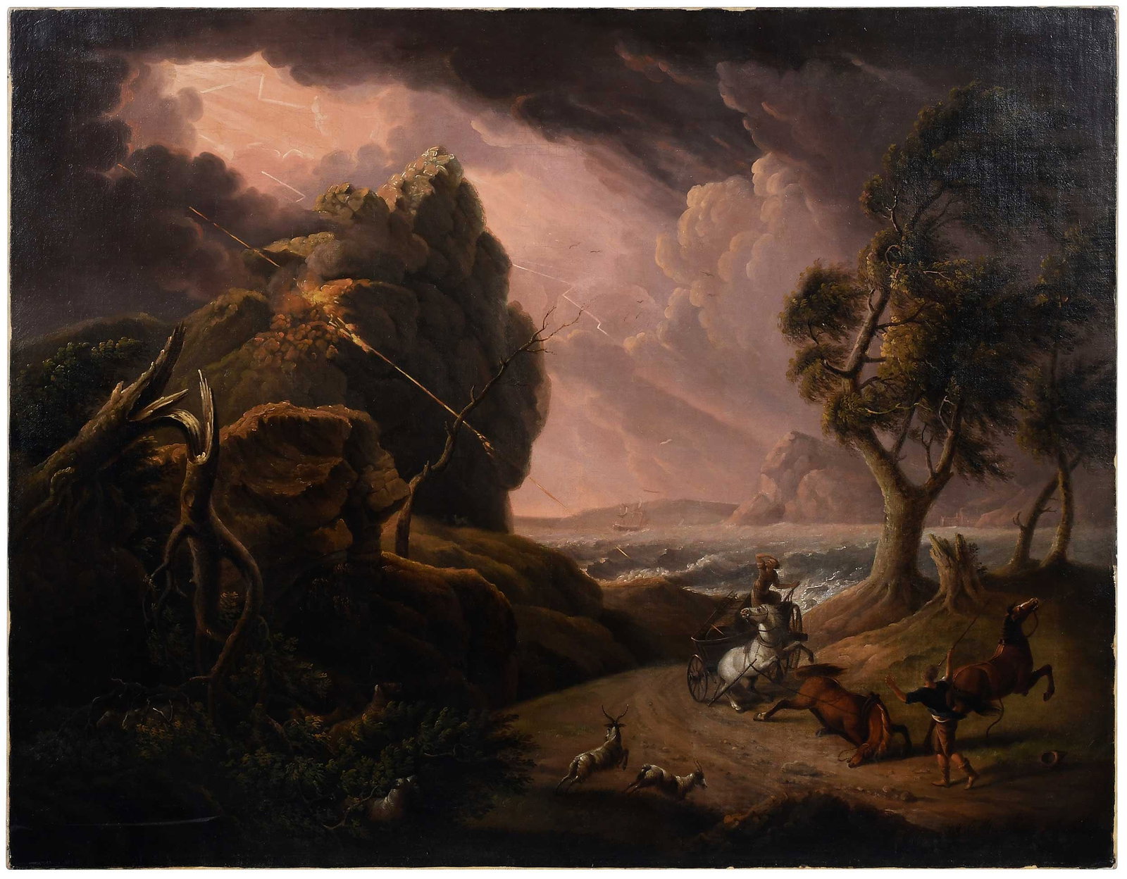 After Philip James de Loutherbourg: (England/French, 1740-1812) Shepherd, Goats, and Traveler in a Stormy Landscape, unsigned, 19th century, oil on canvas, 33-7/8 x 43-1/2 in.; unframed 