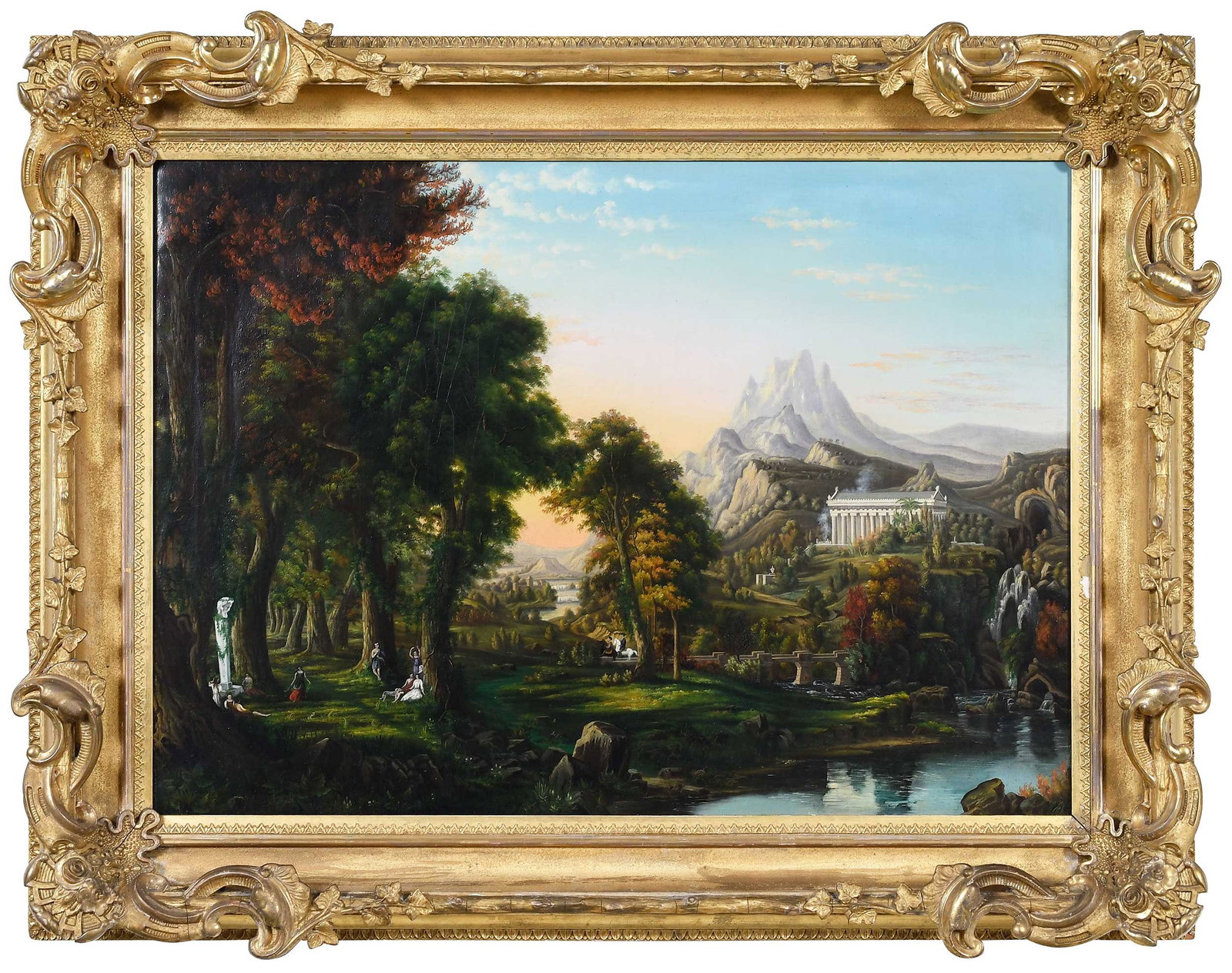 British or French School Arcadian Painting: (19th century) A naive mountain landscape with figures in a woodland grove, a temple, cascades, unsigned, 26-1/8 x 36-5/8 in; fine and unusual Victorian gilt wood and composition frame, with faux bois