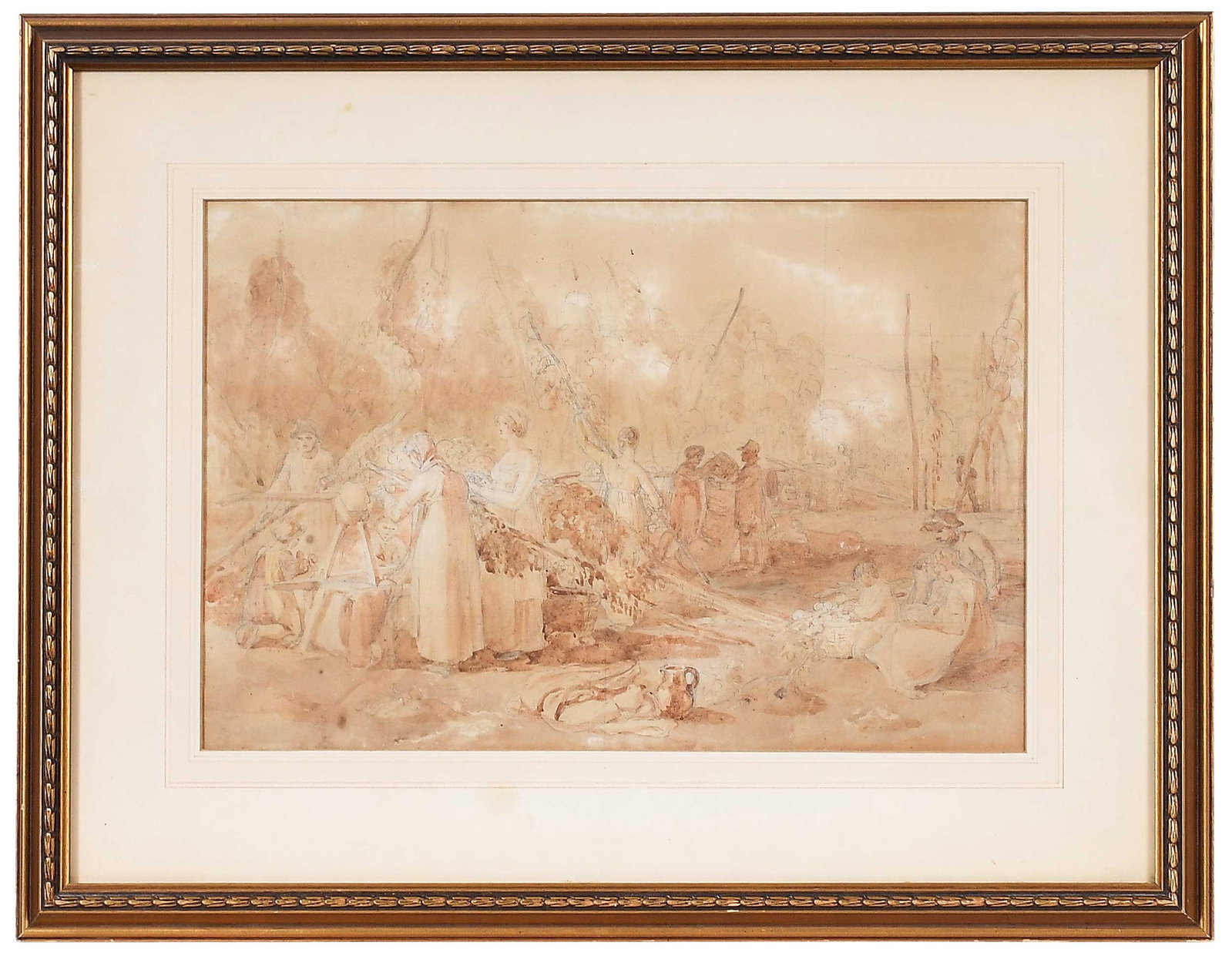Attributed to Joshua Cristall: (British, 1767-1847) Hop Picking, possibly a cartoon for the larger watercolor with variations unsigned, pencil and sepia ink wash on paper, 11-1/4 x 16-1/2 in.; gilt wood frame, 17-3/8 x 22-1/2 x