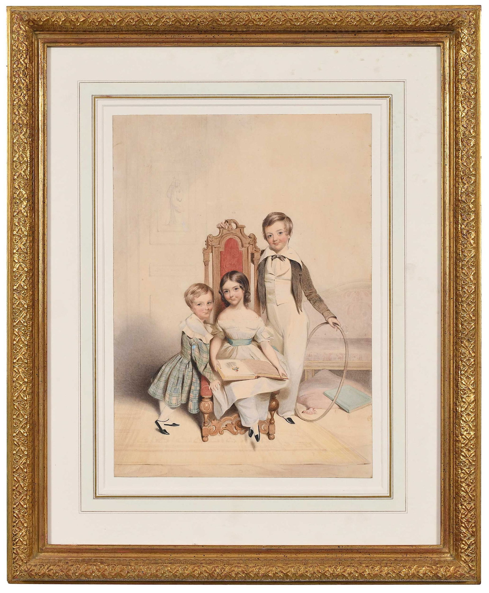 Alfred Edward Chalon: (England/Swiss, 1780-1860) A Portrait of Three Smiling Children, signed faintly lower left "A.E. Chalon R.A., watercolor on card, 14-1/4 x 10-1/8 in.; gilt wood and composition frame, 22-5/8 x