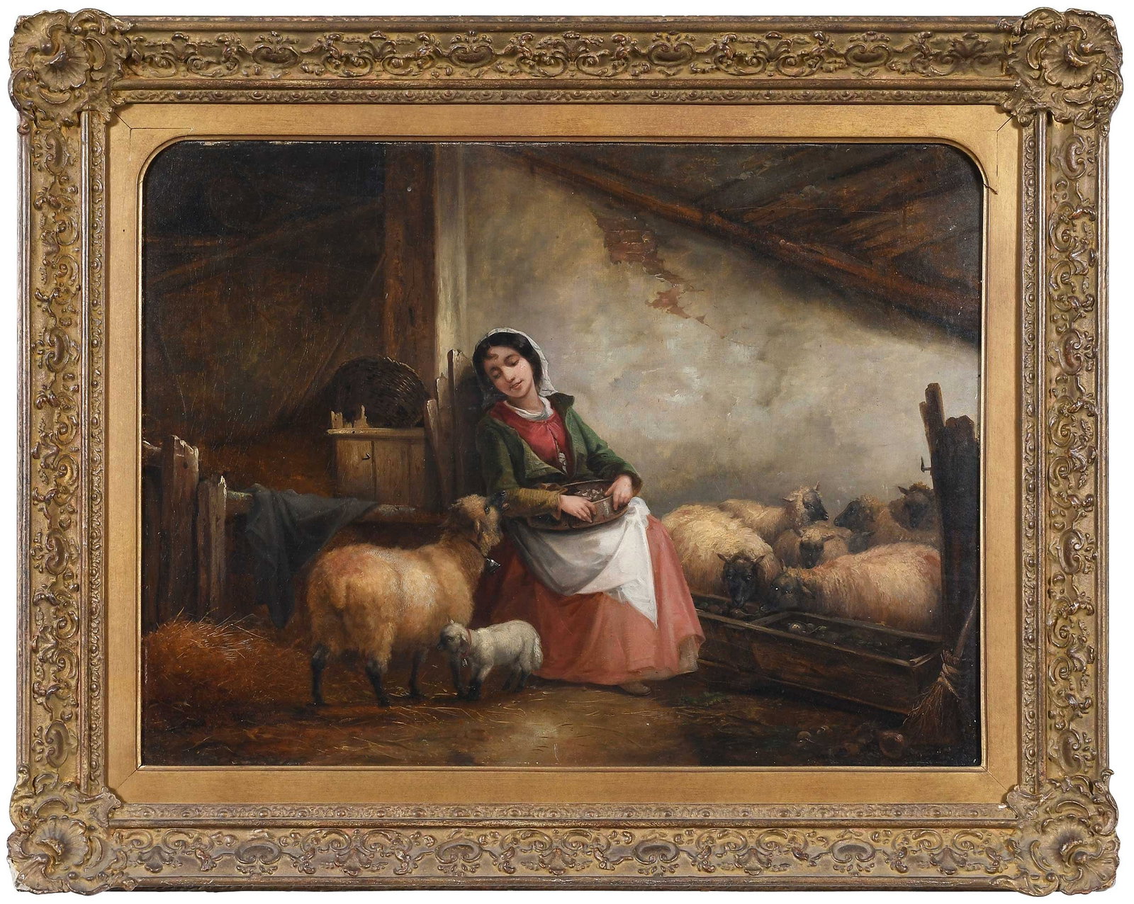 John Joseph Barker of Bath: (British, 1824-1904) Peasant Girl with Sheep, signed lower left "John Barker pinxt.", oil on canvas, 17-7/8 x 24 in.; gilt wood and composition frame, 24-5/8 x 30-5/8 x 3-1/8 in. Provenance: The Delan