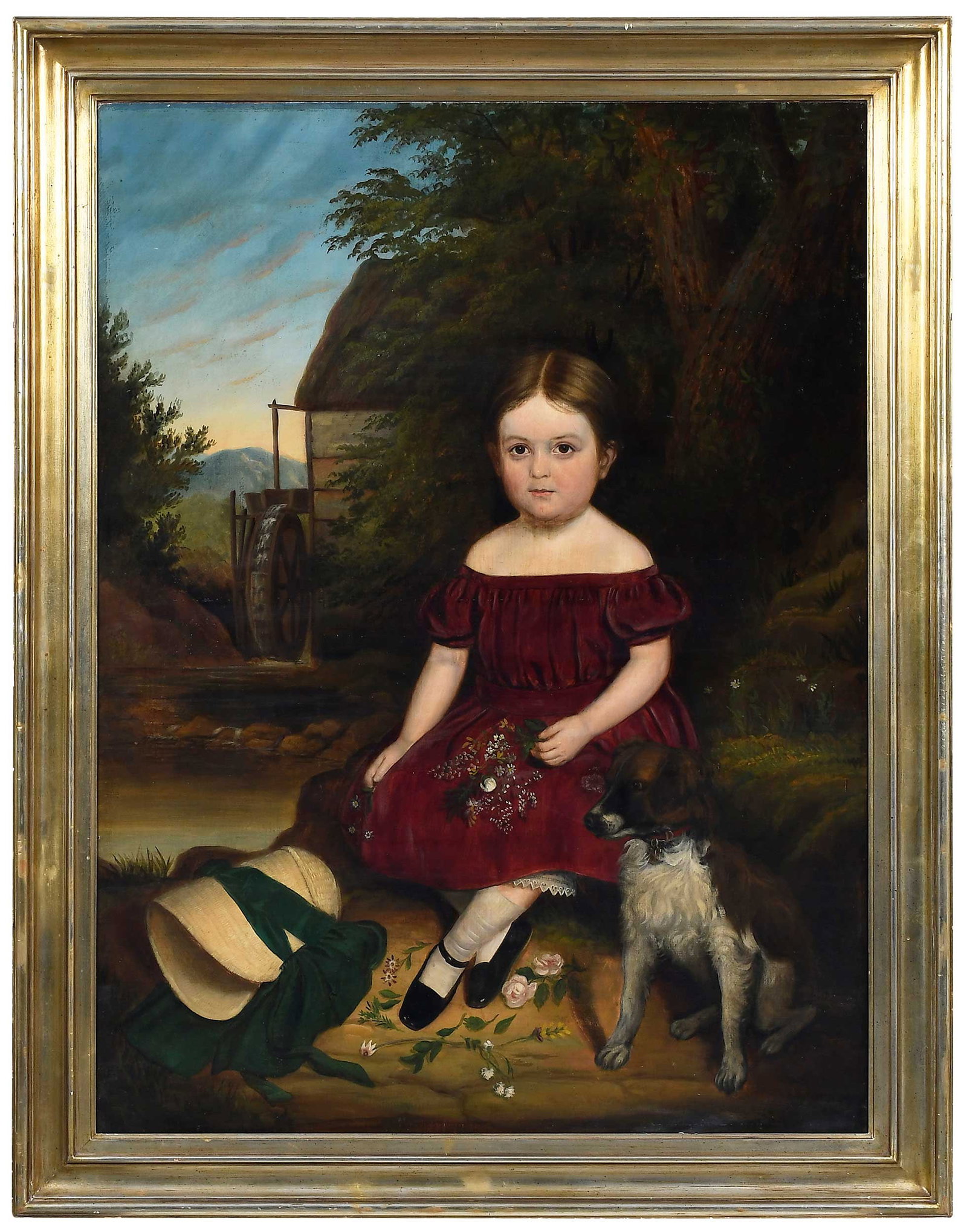 British School Portrait: (19th century) Child with Dog, unsigned, oil on canvas, 48 x 36-1/8 in.; gilt wood frame, 55-3/8 x 43-1/4 x 2 in. Provenance: Private Collection
