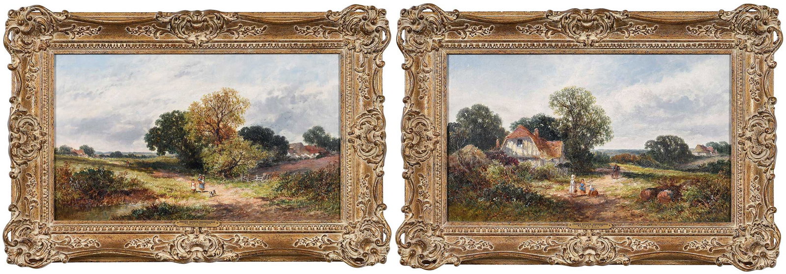 James Edwin Meadows: (British, 1828-1888) Two Essex Country Scenes, 1877, both signed and dated lower left "Jas E/ Meadows/. 1877", both oil on canvas, 12 x 20 in.; matching gilt wood and composition frame, 17-1/2 x
