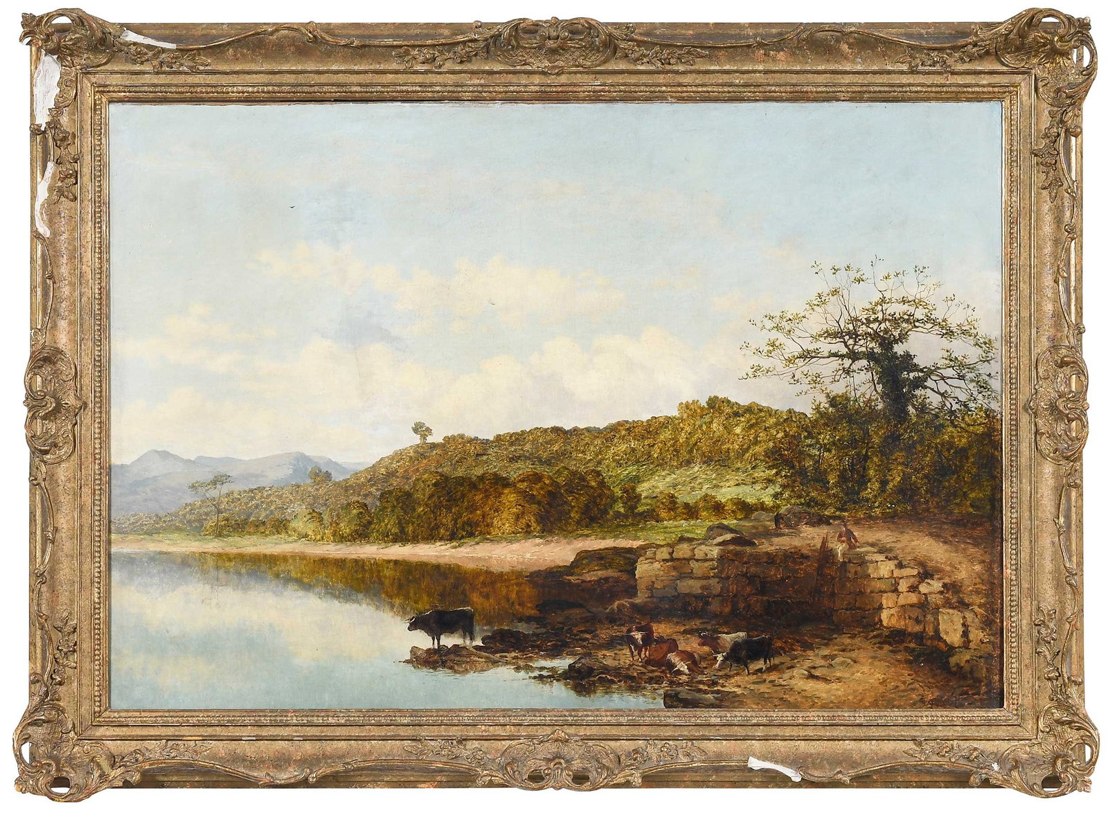 British School Landscape, Cows on a Rocky Shore: (19th century) Shepherd seated on rocks, signed lower right "Taylor/1877", oil on canvas, 27-1/4 x 40 in.; gilt wood and composition frame, 34-1/2 x 47-1/4 x 3 in. Provenance: Collection of Dr. James