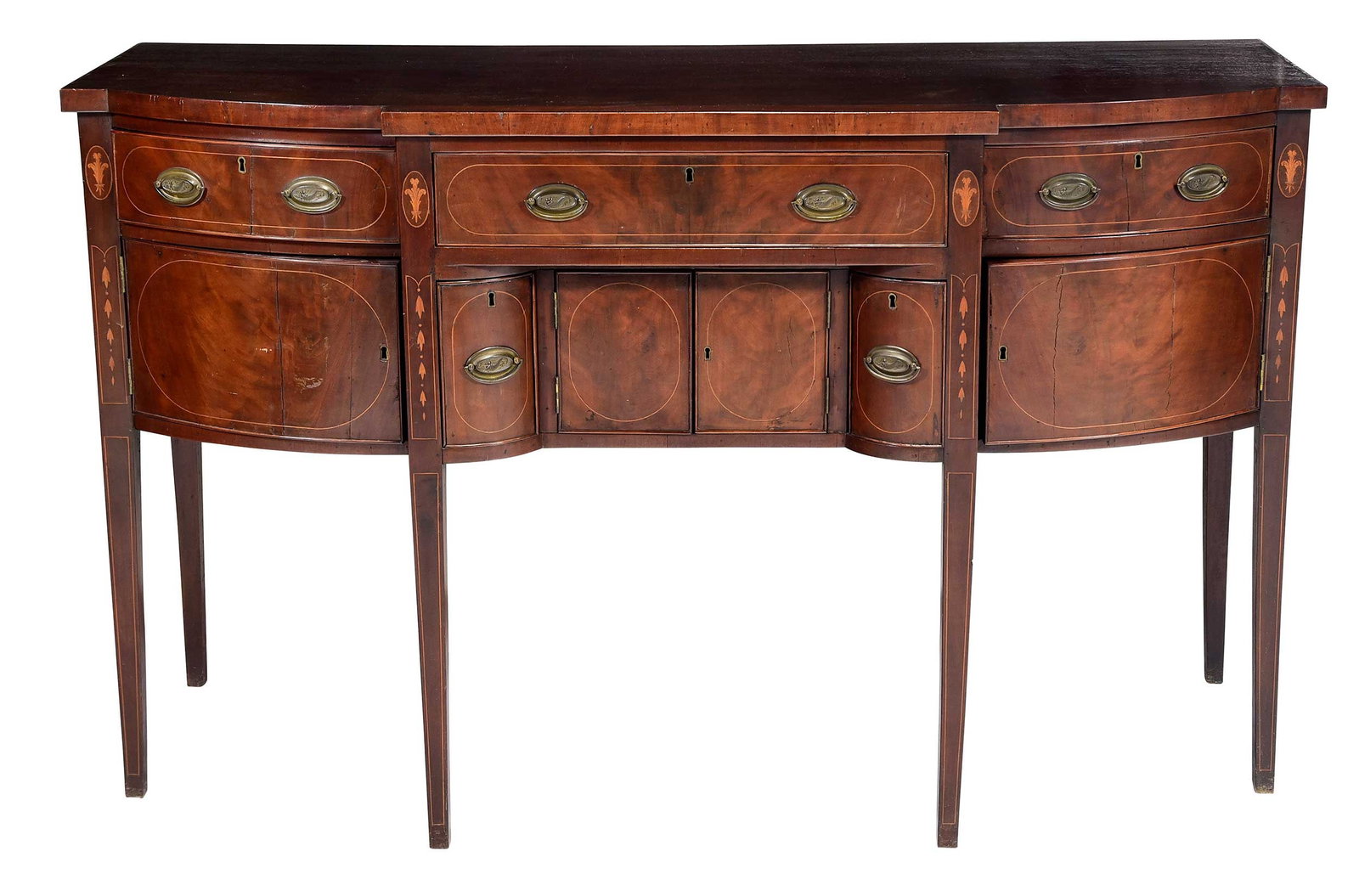 George III Bowfront Inlaid Mahogany Sideboard: late 18th/early 19th century, Prince of Wales feathers and bellflower inlay, 40-1/2 x 39 x 20 in. Provenance: Private Charlotte Collection