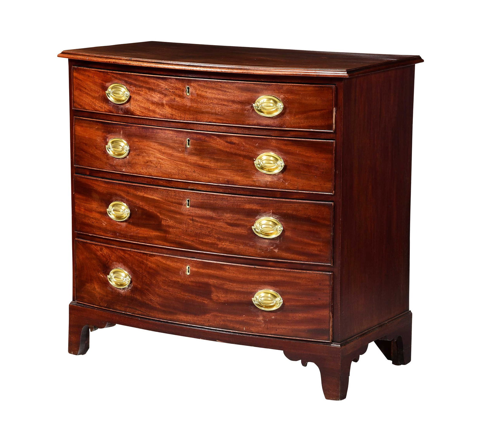 George III Figured Mahogany Bowfront Chest: late 18th century, full dustboards, highly figured drawer facings, 35-1/4 x 37 x 19-3/4 in. Provenance: Property of the Thalhimer Family, Richmond Virginia