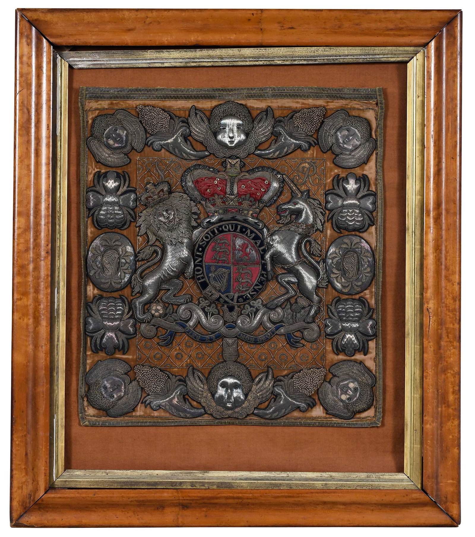 Framed Silk Embroidered Coat of Arms of the United Kingdom on Velvet: English, probably 18th century, silk, metallic thread, and beadwork, 20 x 18 x 1 in.; burlwood frame, 31 x 26-1/2 x 2 in. 