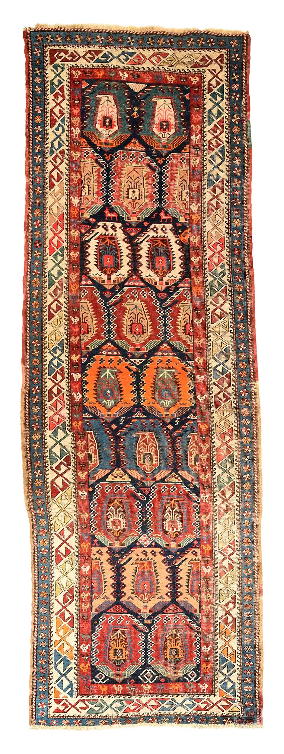 Kazak Runner: late 19th century, repeating rows of geometric boteh, birds and animals, white with x design, running dog and barber pole motif, 3 ft. 9 in. 11 ft. 6 in. 