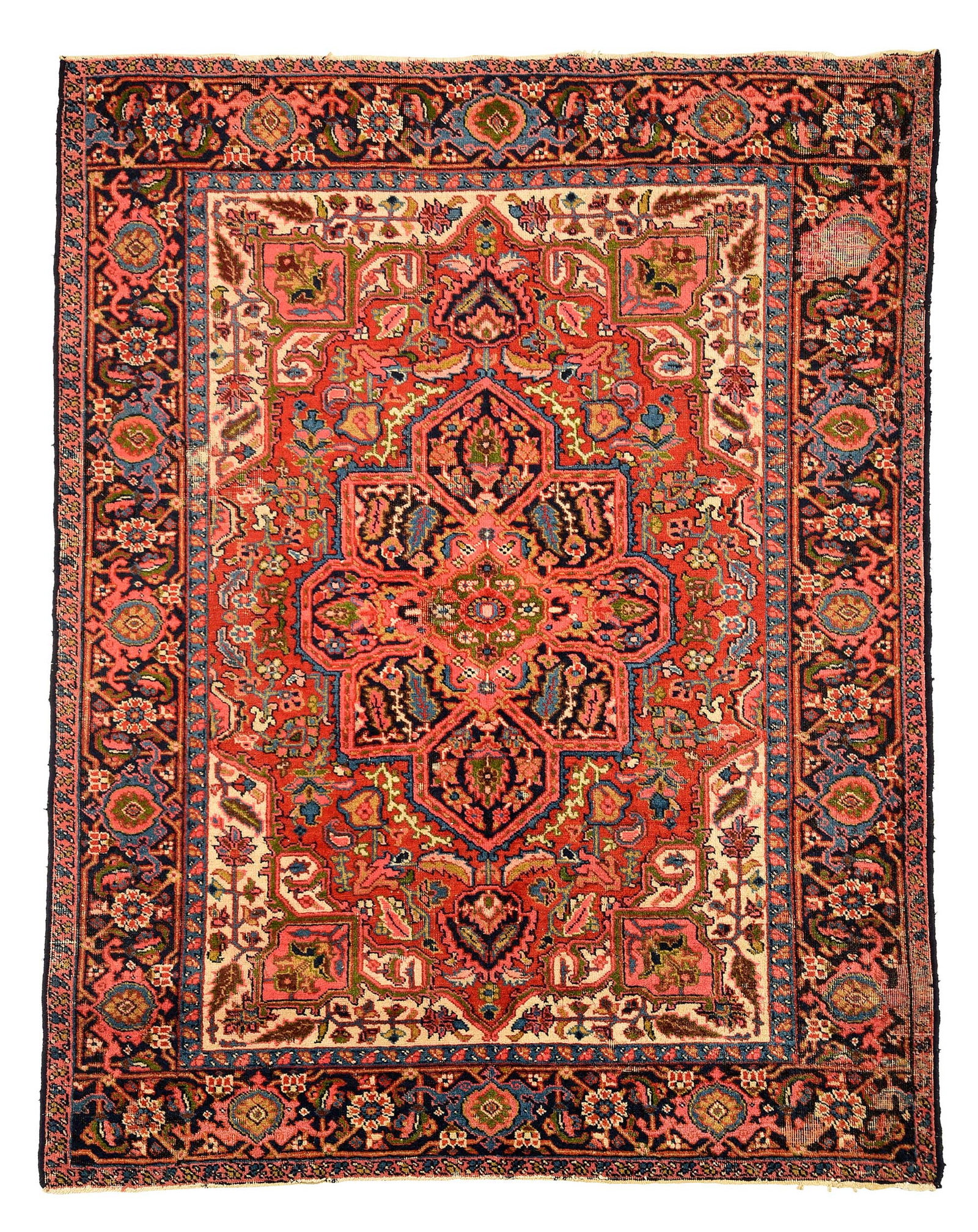 Serapi Rug: first quarter 20th century, polygonal medallion with open red field and trailing vines, wide blue border, 4 ft. x 7 ft. 6 in. 