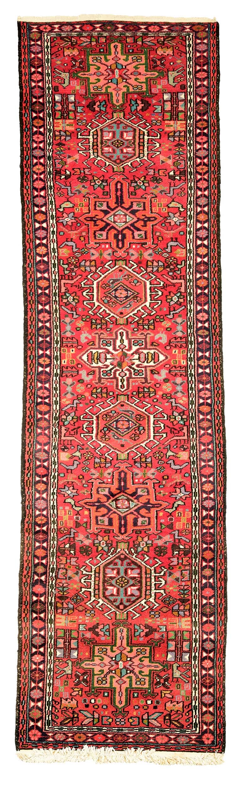 Persian Runner: 20th century, red field with nine central medallions, geometric shapes, birds, "Made in Iran" label, 2 ft. 7 in. 9 ft 8 in. Provenance: Private Collection, Richmond, Virginia