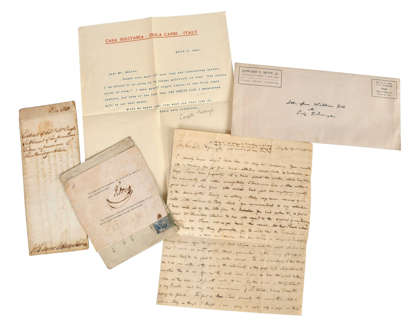 Interesting Group of Ephemera and Signatures: Eugene-Francois Vidocq cut signature from fragment of title page; letter from Sir William Gell to The Countess of Blessington (Marguerite Gardiner); 1808 marriage settlement between Colonel (William