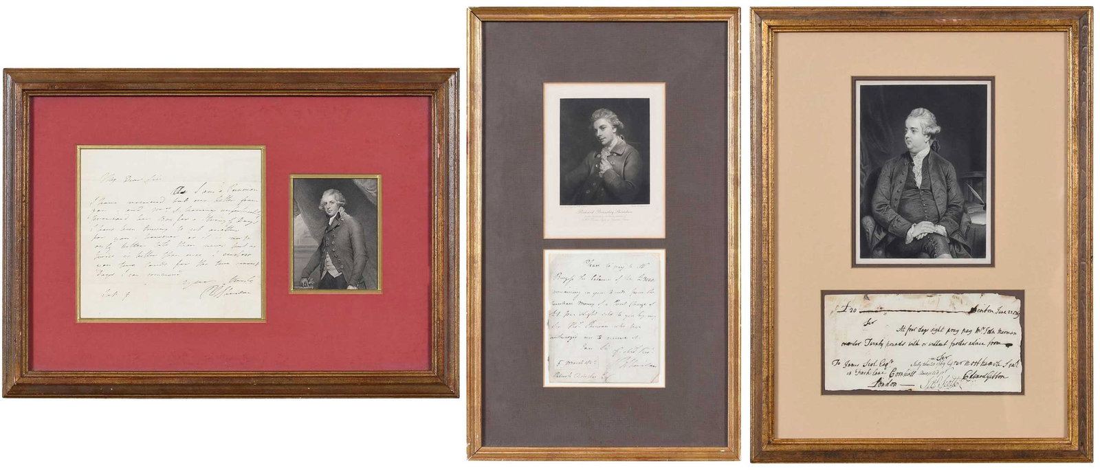 Correspondence of Famous Authors: Gibbon and Sheridan: Edward Gibbon, lithograph with signed check; Richard Brinsley Sheridan, lithograph with signed letter; a second Richard Brinsley Sheridan, lithograph with signed letter; signatures have not been