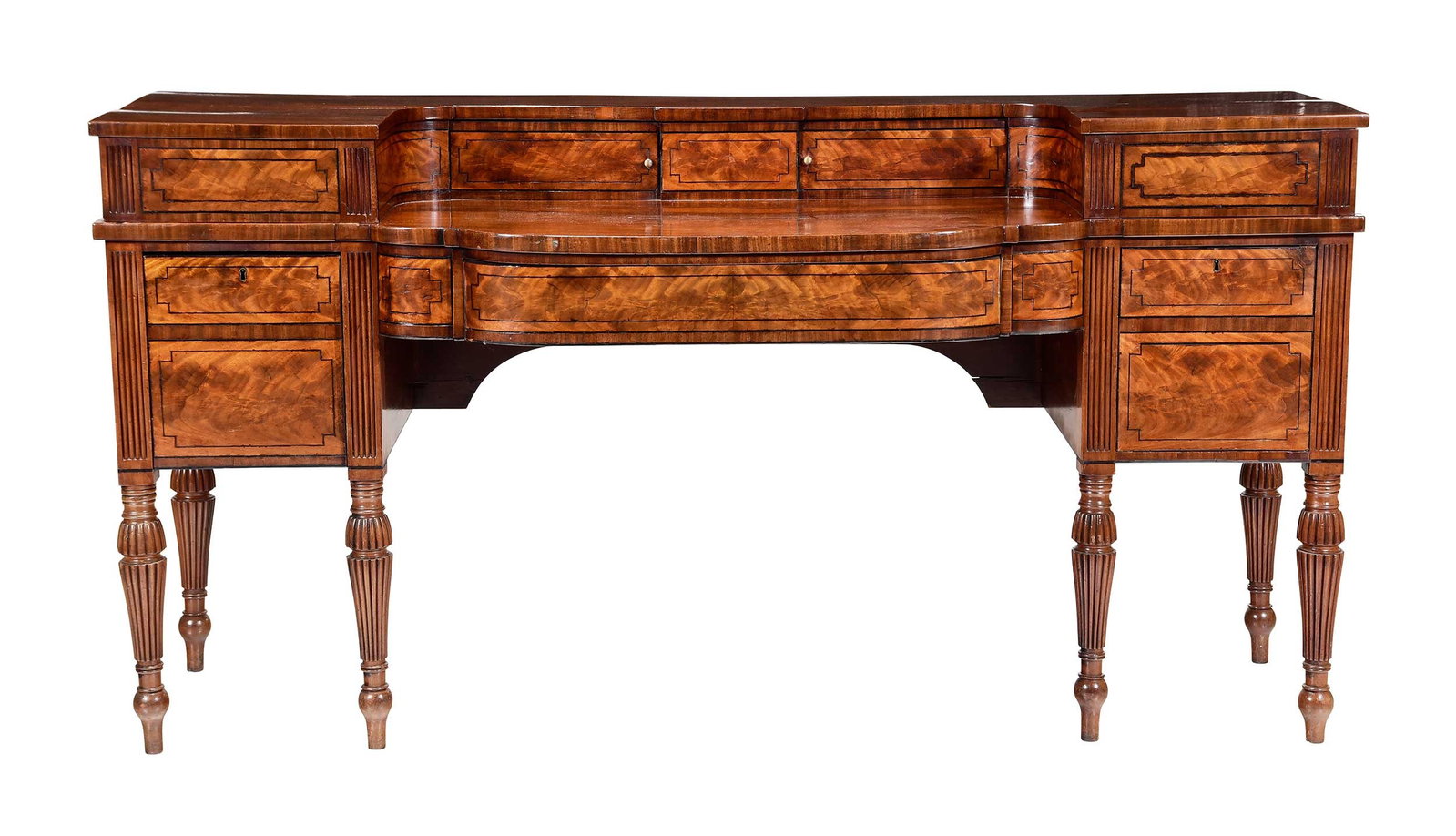 Late Regency Inlaid and Highly Figured Mahogany Sideboard: British, circa 1830, ebonized line and banded inlay throughout, stepped top with sliding doors and two flanking drawers, sideboard with box drawer to proper right side and single door cupboard opposit