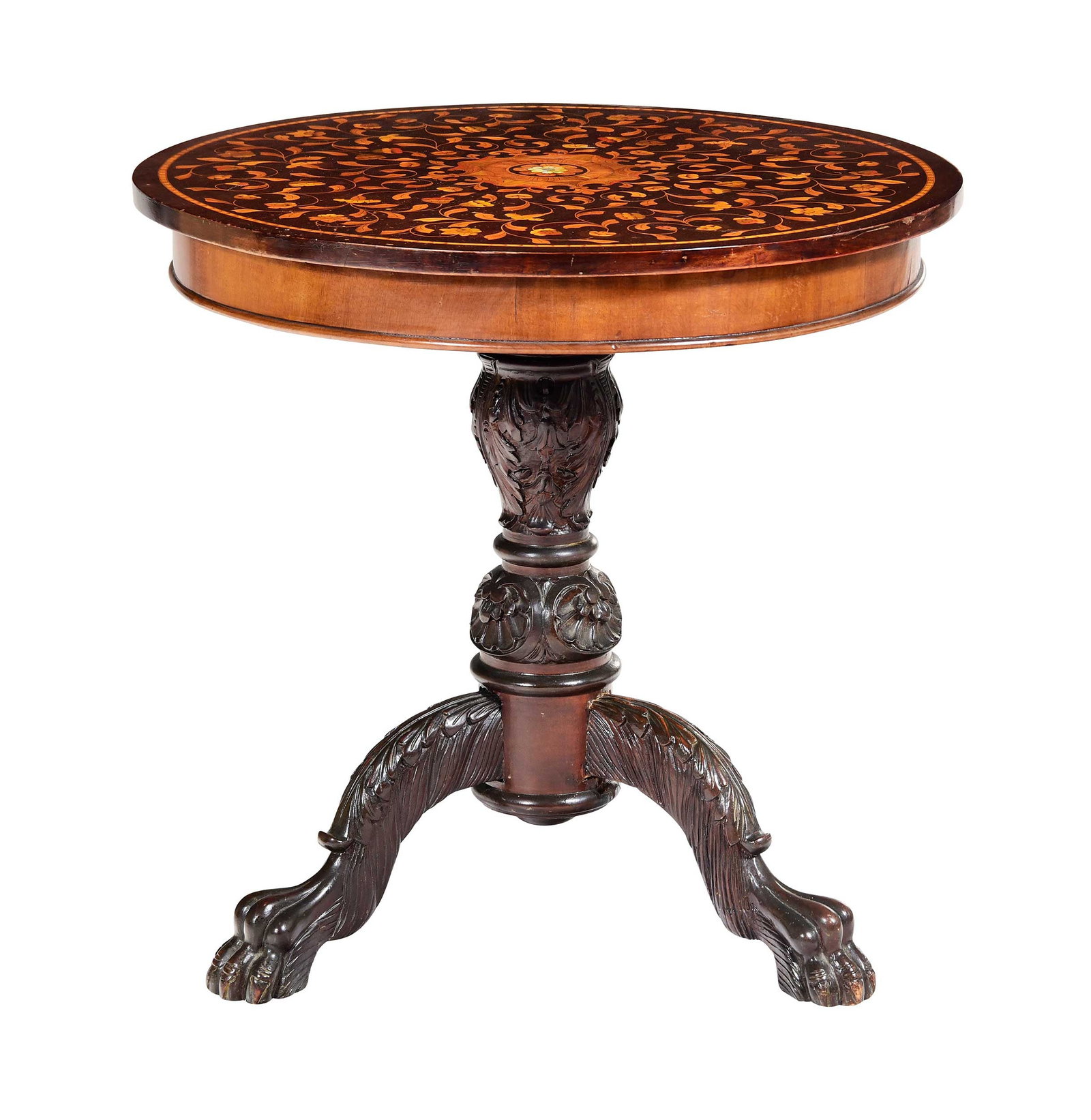 Anglo Indian Inlaid and Carved Mahogany Center Table: 20th century, round top with light wood and mother of pearl inlay, foliate carved pedestal standard, tripod base with bold paw feet, 29-3/8 x 30-5/8 x 30-5/8 in. Provenance: Private Collection, Richmo