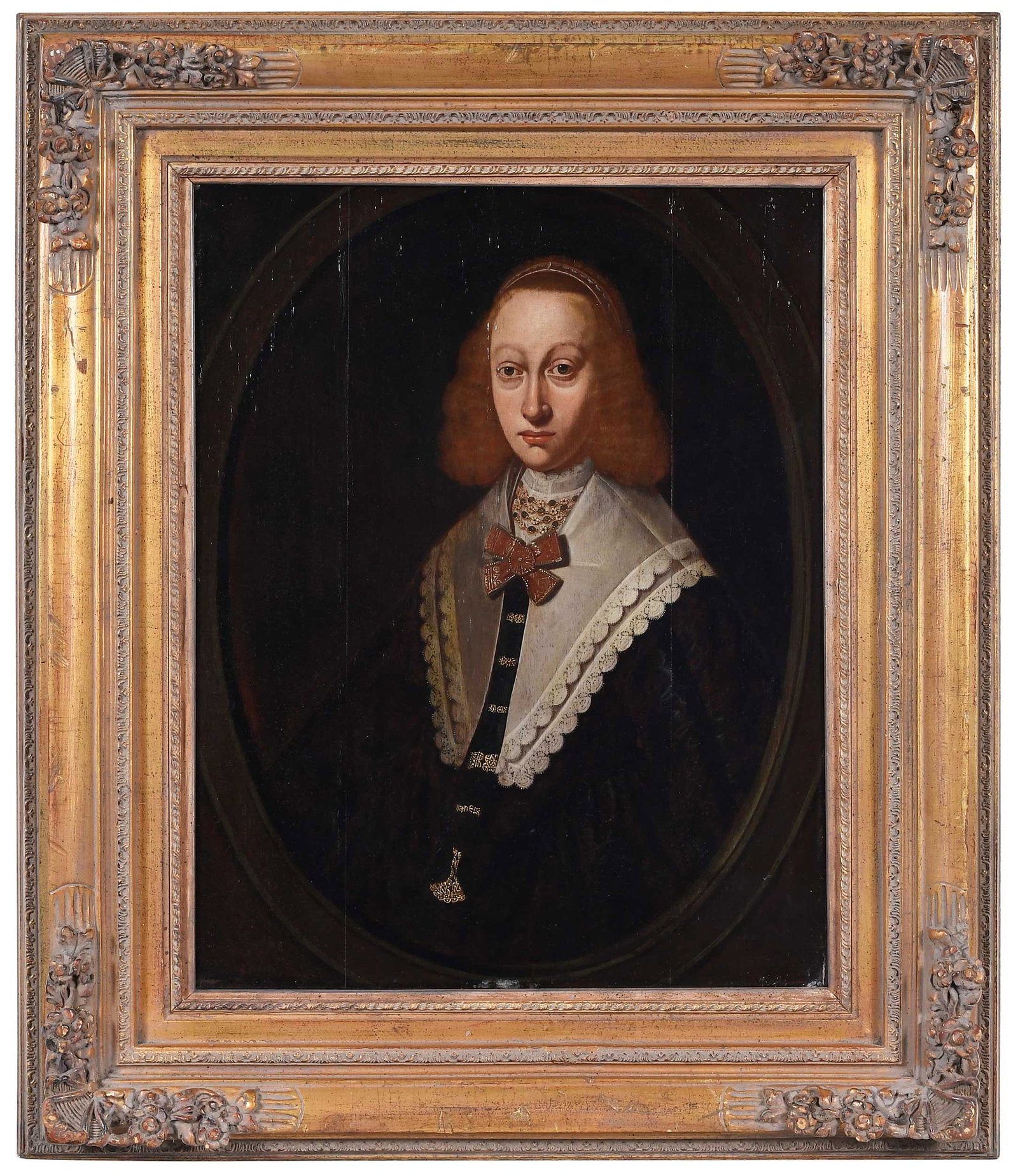 Portrait by a Frisian Master: (Dutch, 17th century) Portrait of a Red-haired Woman, within a feigned oval, circa 1650, unsigned, oil on chamfered oak panel, 28-3/8 x 21-3/4 in. (70.17 x 51.44 cm.); gilt and molded wood reproductio