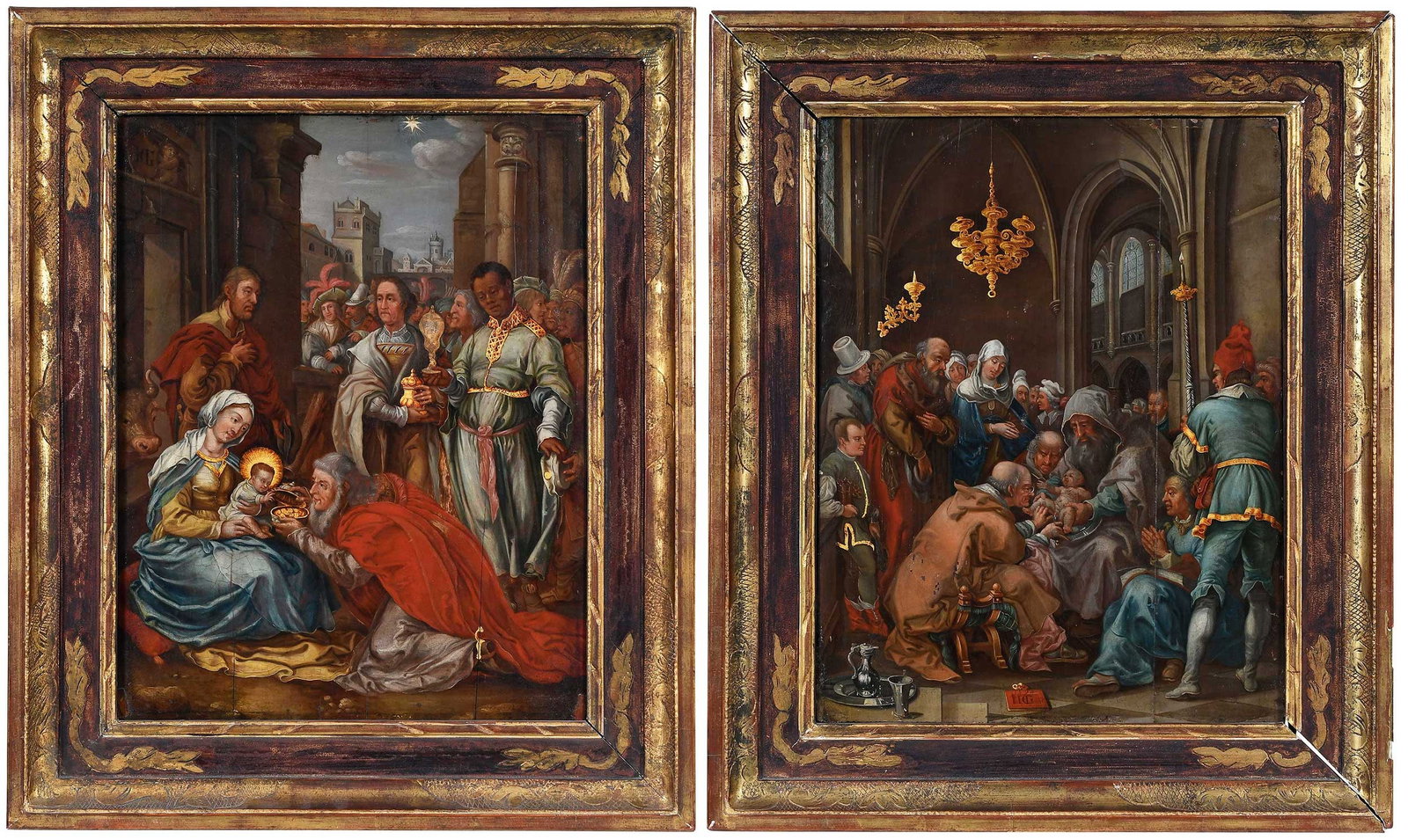 After Hendrick Goltzius (Dutch, 1558–1617): (19th century) Two scenes from the life of Christ likely after engravings, both oil on oak panels: Adoration of the Magi, monogram inscribed upper left "HG", 18-1/2 x 14-1/4 in.; The Circumcision, fro