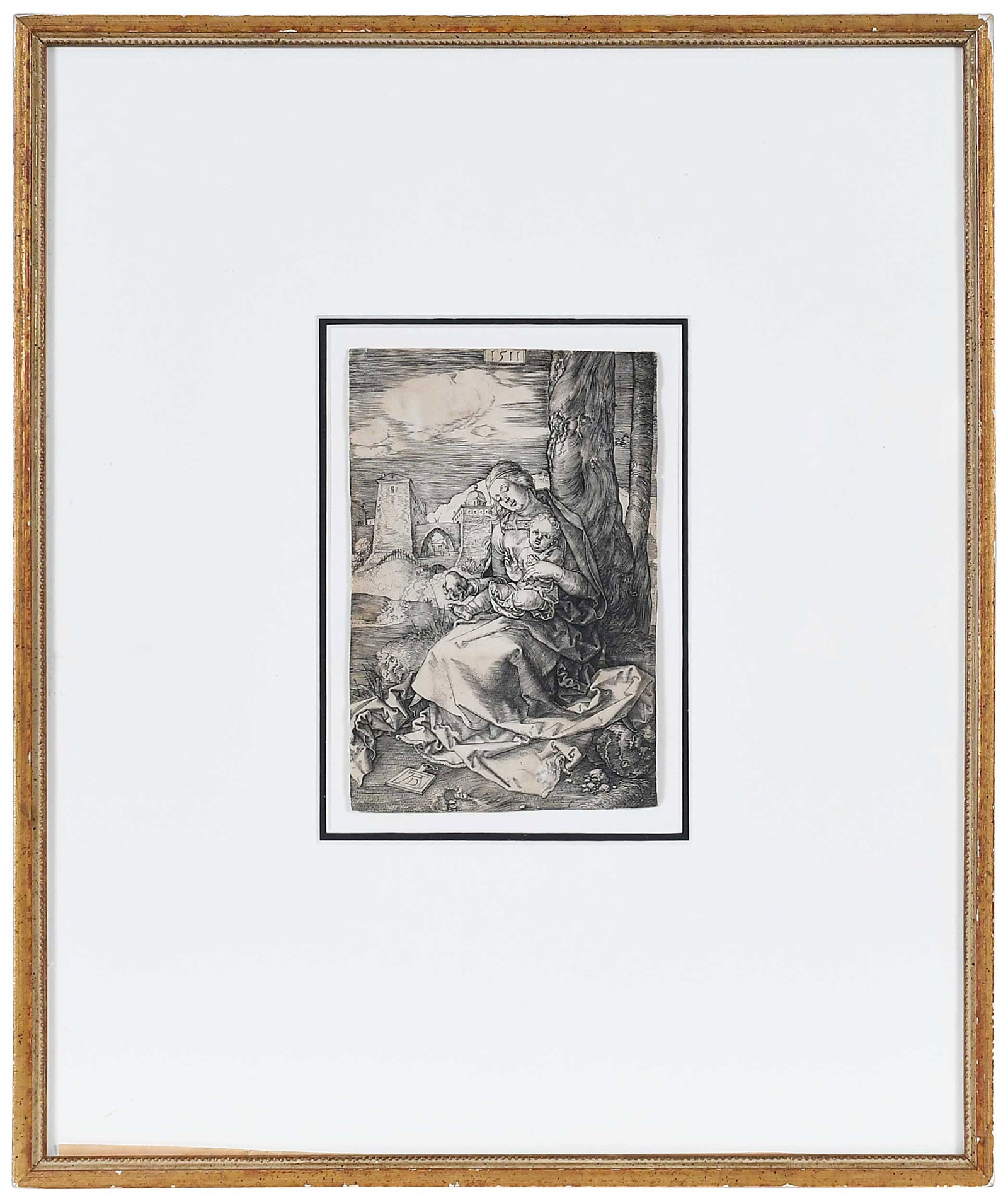Albrecht Durer: (German, 1471-1528) The Virgin and Child with the Pear (B. 41, M., Holl 33), 1511, signed with monogram lower left and dated, engraving, sheet 6-1/8 x 4-1/8 in.; gilt wood frame, 15-1/2 x 13 x 7/8 in.