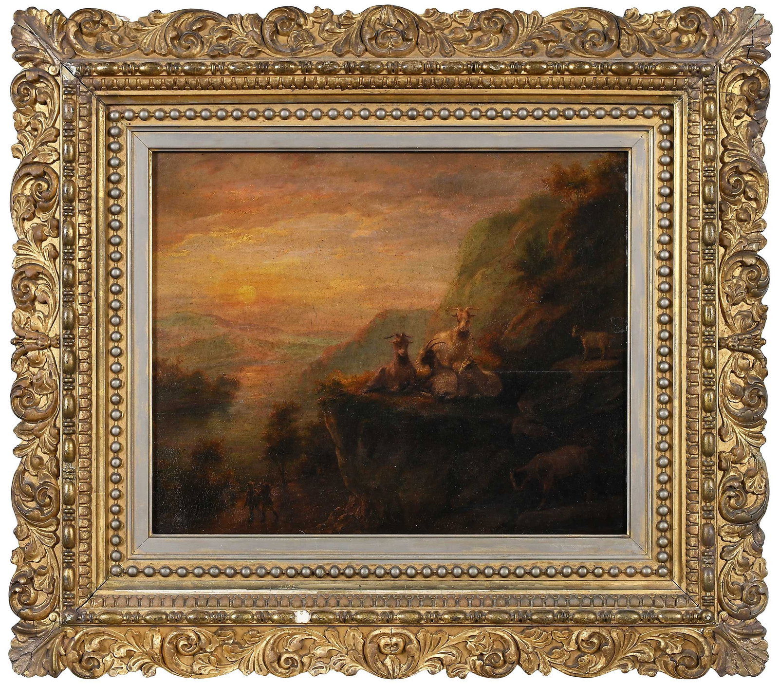 Attributed to Frans-Karel Deweirdt: (or Dewehrt, Belgian, 1799-1855) Goats on a Cliffside, signed lower right "F. Dewehrt", oil on panel, 13 x 16-1/8 in.; 19th century gilt wood and composition frame, 21-3/4 x 24-5/8 x 1-3/4 in. Provena
