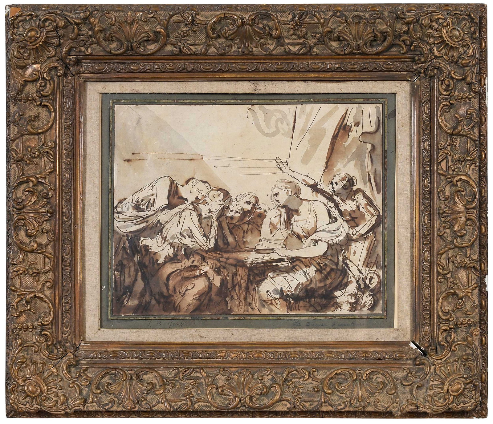 French or Italian School Ink Drawing: (French, 1725-1805) La Diseuse J'aventure, signed lower left "J.B. Greuze", titled lower right, signed and titled verso "Greuze La Diseuse J'aventure", inscribed "C.Z" verso, ink wash on paper,