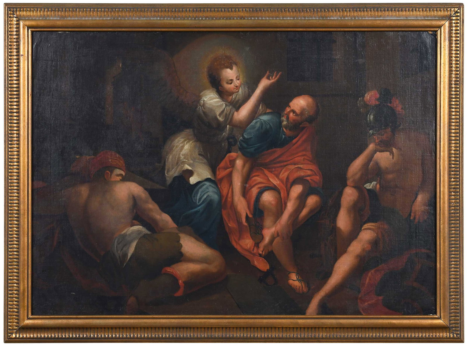 Italian School Painting: (19th century) Angel Freeing St. Peter from Prison, unsigned, oil on canvas, 29-1/8 x 41-1/8 in.; gilt wood frame, 34-1/4 x 46-1/4 x 2 in. Provenance: Private Collection,New York City