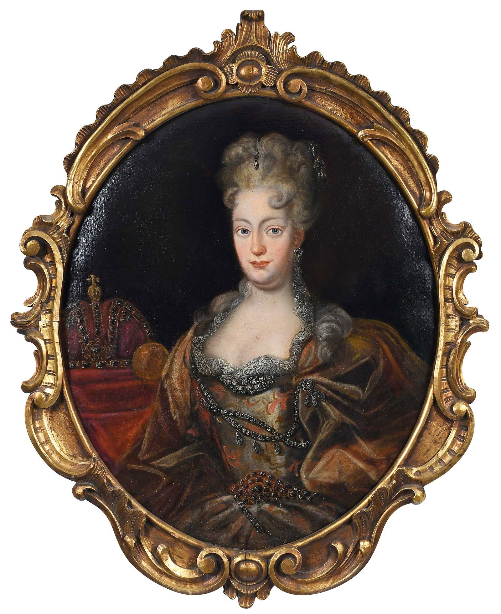 Austrian School Portrait: (18th century) Empress Elisabeth Christine of of Brunswick-Wolfenbuttel (1691-1750), seated with crown to her proper right, unsigned, oil on canvas, oval 35 x 29-1/2 in.; carved and gilt wood oval fra