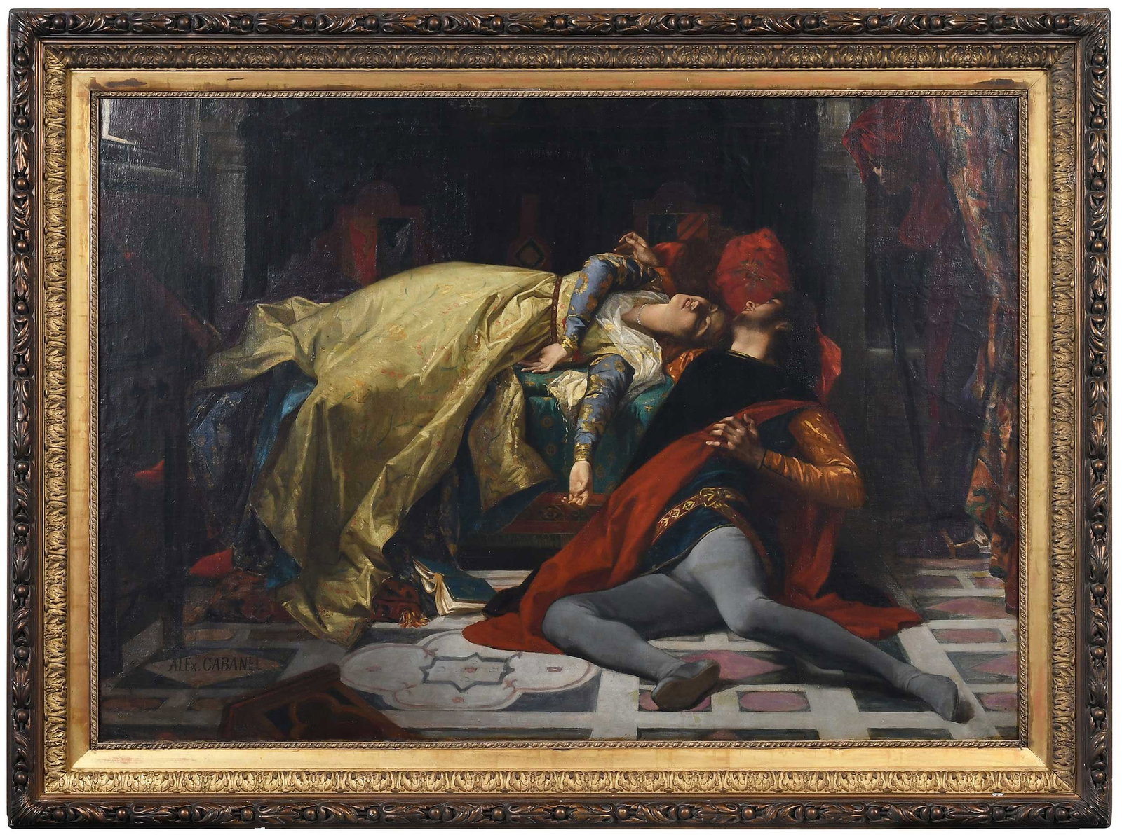 After Alexandre Cabanel: (French, 1823-1889) The Death of Francesca da Rimini and Paolo Malatesta, from Dante's Inferno, after the 1870 painting held by the Musee d'Orsay, Paris, inscribed lower left "Alex. Cabanel", oil on
