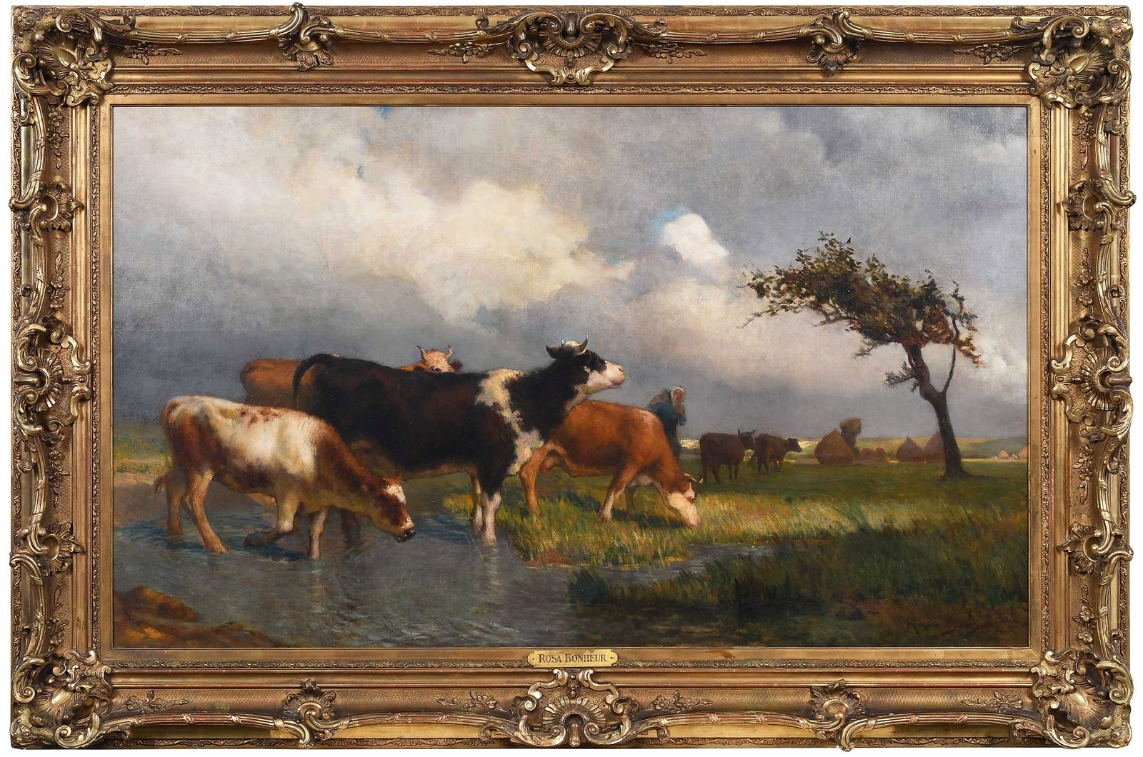 Manner of Rosa Bonheur: (French, 1822-1899) Cows With Shepherd, Hay Field, bears signature lower right "Rosa Bonheur", oil on canvas, 32 x 5 x 3-3/8 in.; fine original gilt wood and composition exhibition frame, 43-1/4 x