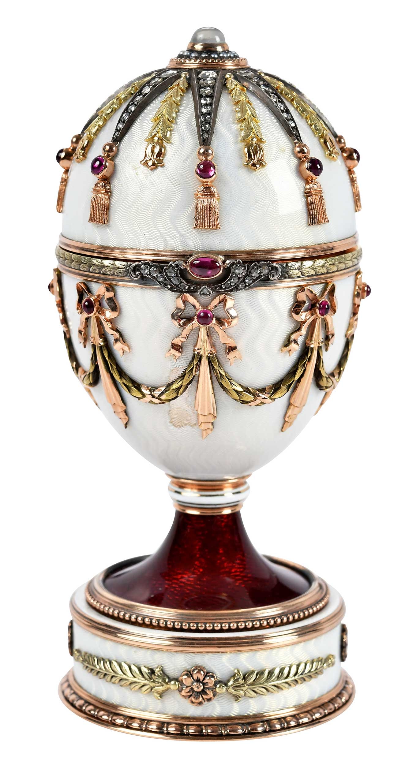 Faberge or Faberge Style Silver and 14kt Gold, White Enamel "Easter Egg" (1 of 9)