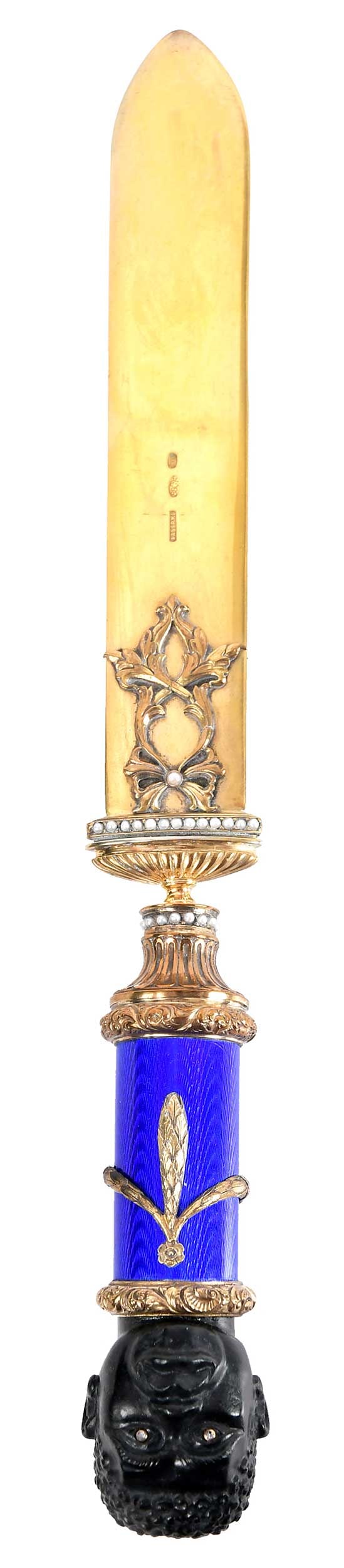 Faberge or Faberge Style Russian Gilt Silver and Enameled Dagger: cobalt blue enamel handle with African bust pommel, white sapphire and seed pearl accents, gilt silver, marked "Faberge" in Cyrillic, "H. W." for H. Wigstrom, .916 fine, 9-3/8 in. Provenance: Collecti