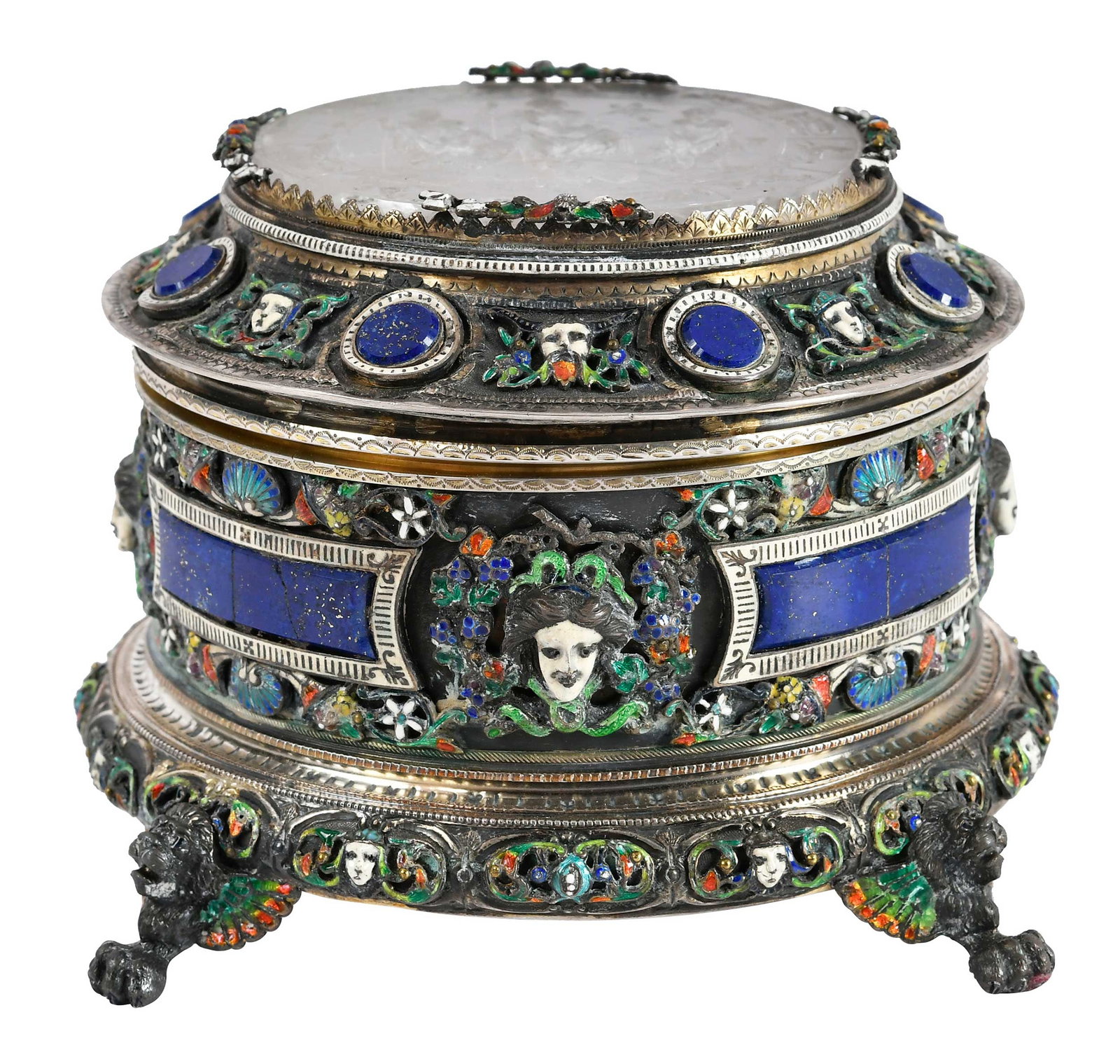 Viennese Silver, Enamel, Lapis, and Rock Crystal Encrusted Casket: Austria, 19th century, rock crystal lid with twelve zodiac figures, center with Mercury/Hermes and Ares/Mars, flanking Zeus/Jupiter, above Neptune/Poseidon figure rising from sea, rock crystal base,