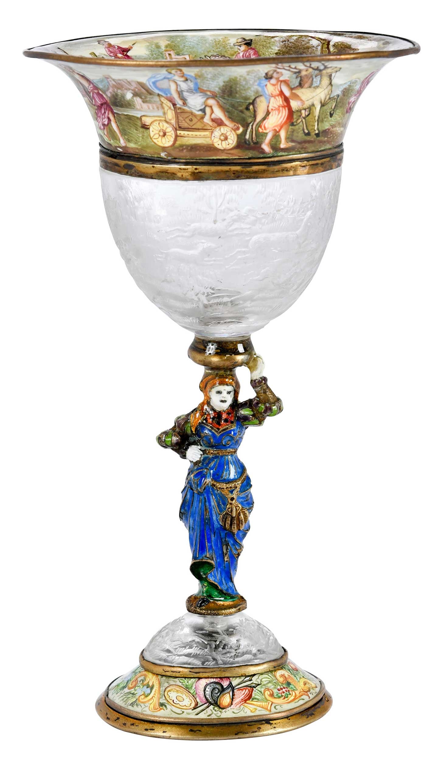 Viennese Enameled Silver and Engraved Glass Standing Cup: late 19th century, flared rim, glass bowl with hunting scene decoration, figural enamel post, base with enamel band and rock crystal, unmarked, 5-3/4 x 3-1/2 x 3 in. Provenance: Collection of Steve