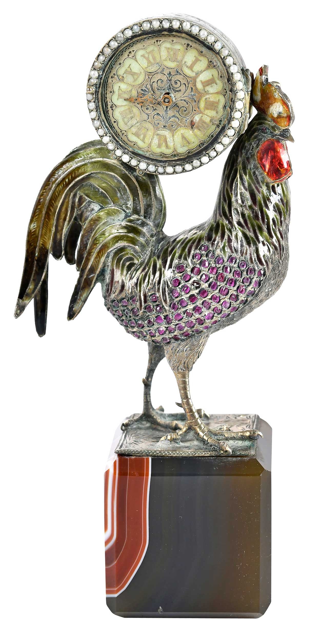 Viennese Silver Enameled Rooster Clock: Austria, 19th century, rooster form base with clock surrounded by seed pearls, pink sapphire and enamel decoration, mounted on band onyx base, unmarked, 5-3/4 in. Provenance: Christie's, May 20, 2021,