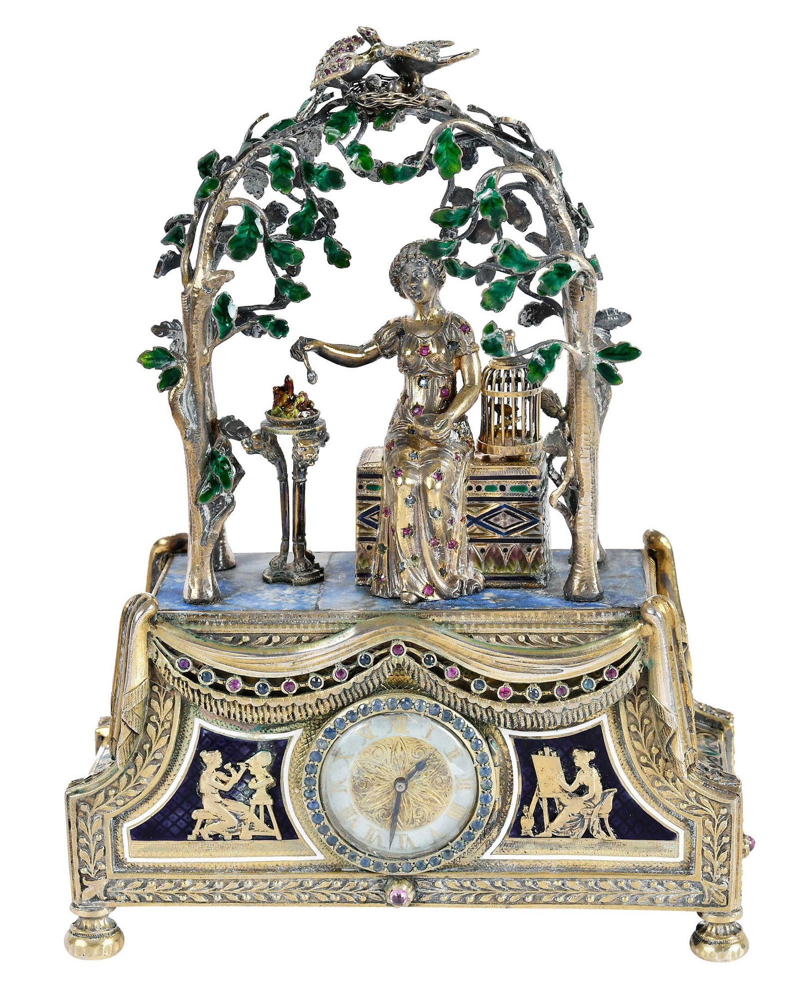 Viennese Silver Jeweled Enamel Clock With Classical Figure Under Pergola (1 of 13)