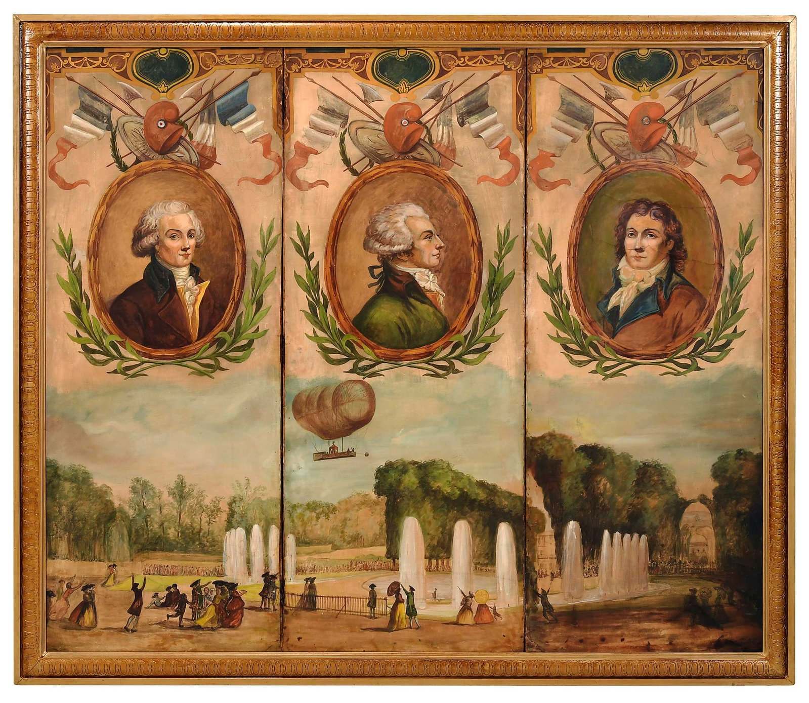 Large Framed French Three-Panel Screen: 19th century, depicting a park scene with hot air balloon surmounted by three portraits of gentlemen with Revolutionary paraphernalia, sight 58 x 69 in.; carved and gilt wood frame, 76 x 64 x 1-1/2
