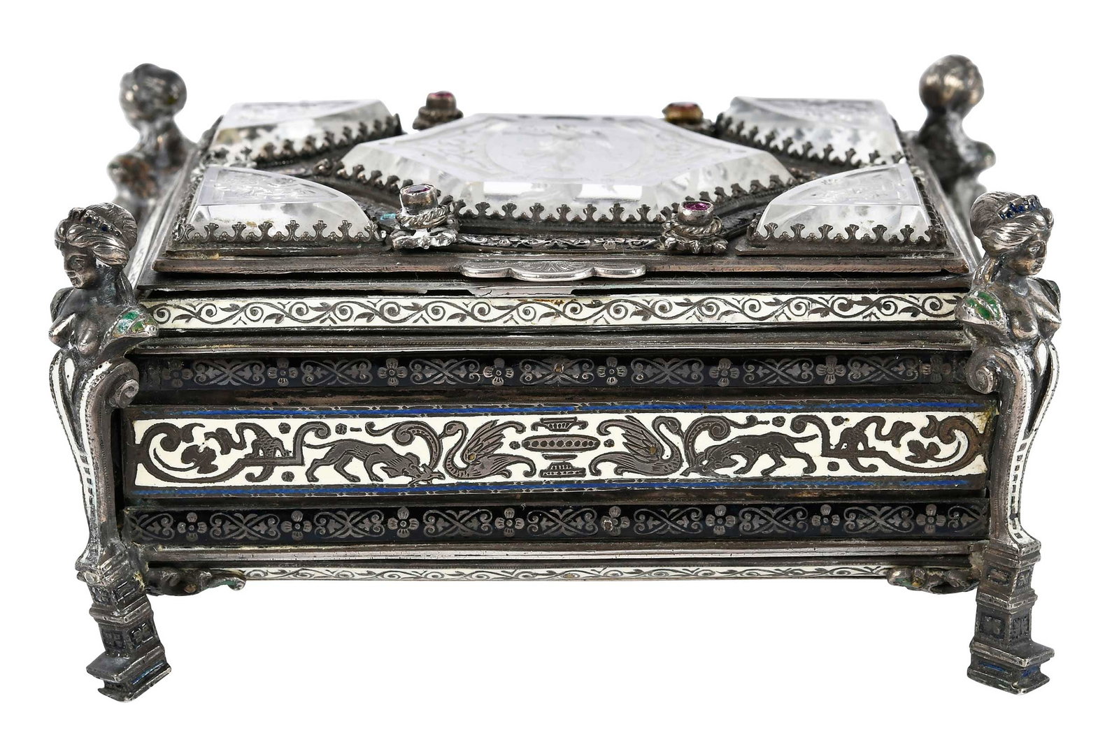 Continental Enameled Silver, Rock Crystal, and Jeweled Box (1 of 10)