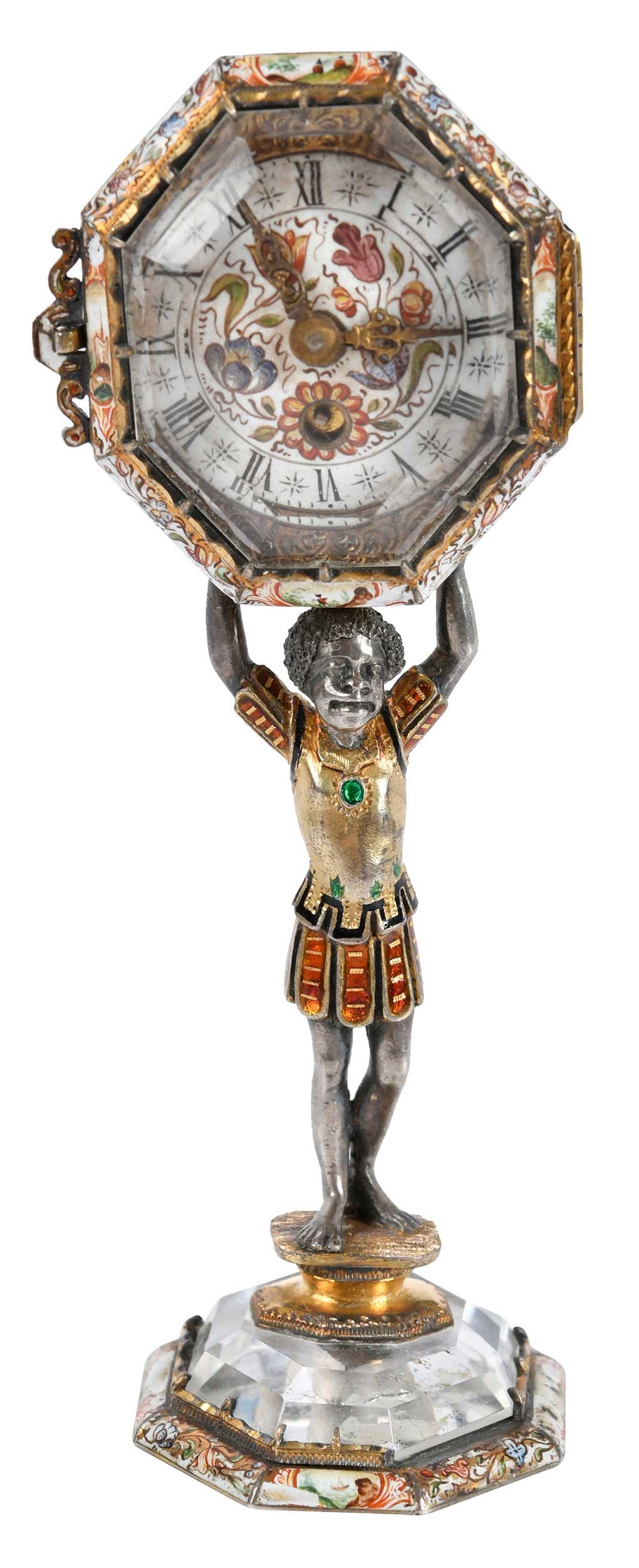 Viennese Enameled Silver and Rock Crystal Figural Clock (1 of 8)