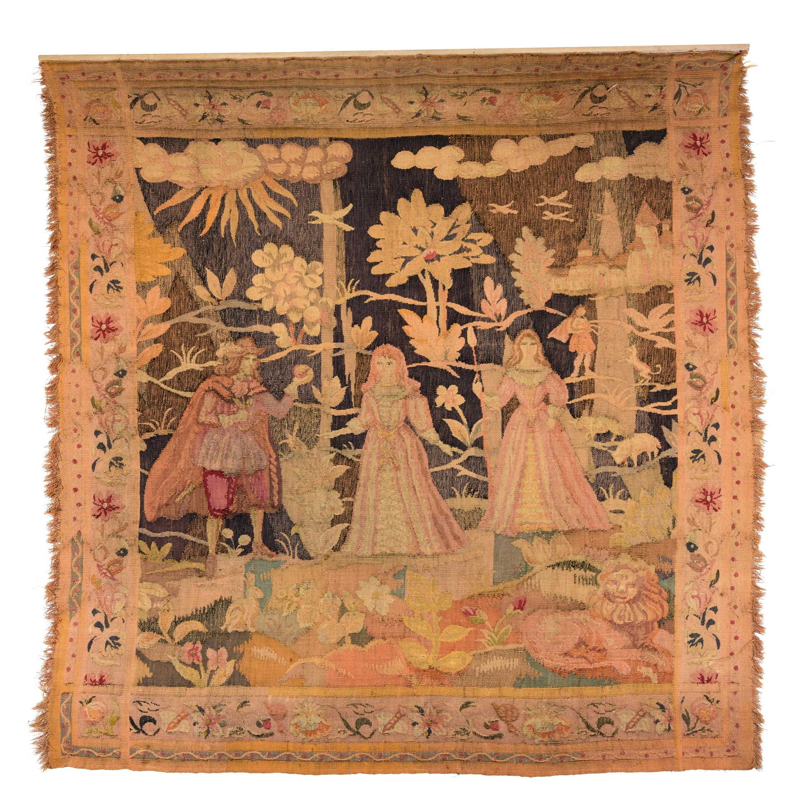 Continental Tapestry Featuring Figural and Woodland Scene: probably French, 19th century, central scene within floral and butterfly decorated border, tasseled edges on left and right side, affixed to later wood hanging rod, approx. 76 x 71 in. Provenance: