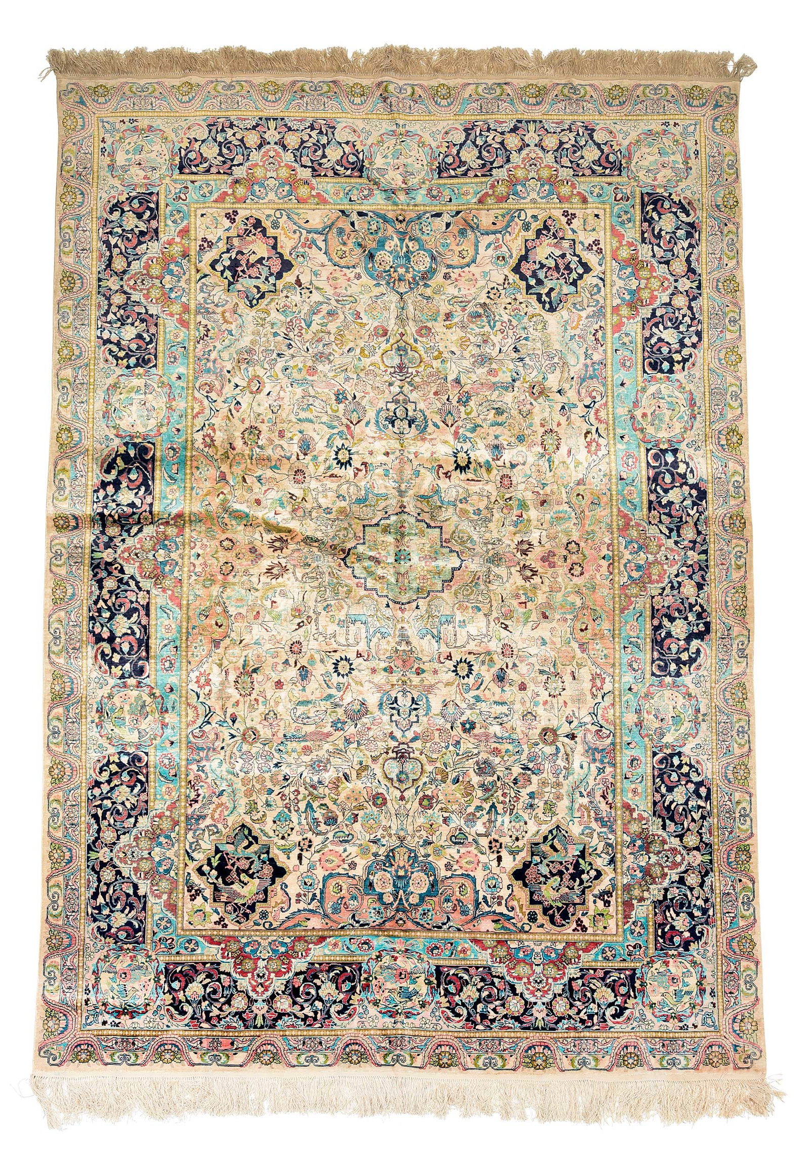 Silk Tabriz Carpet: 20th century, ivory field with trailing flowering vines, medallions with birds, 5 ft. 11 in. x 9 ft. 1 in. Provenance: Private Collection