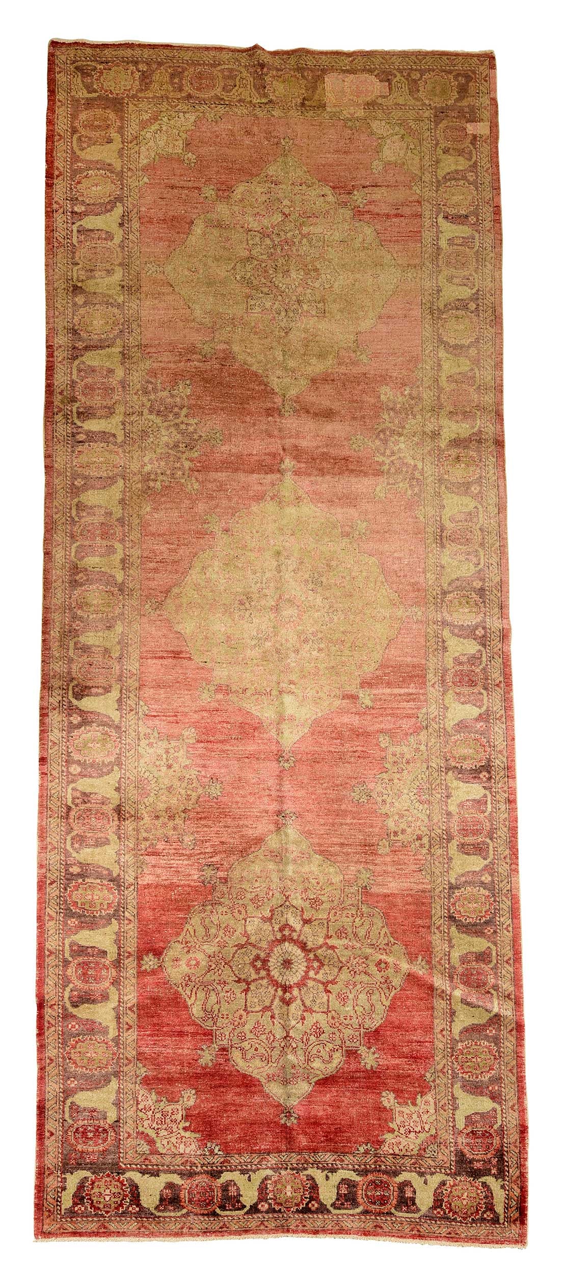 Oushak Runner: 20th century, orange field with three central medallions, brown border with green flowers, 5 ft. 2 in. x 13 ft. 10 in. 