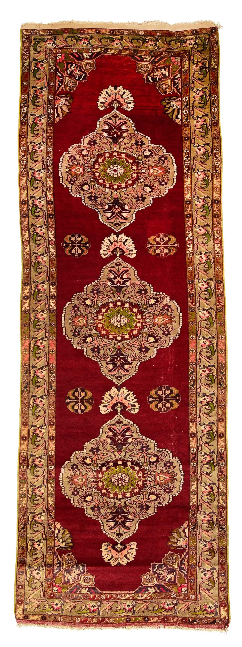 Oushak Runner: early to mid 20th century, red field with three medallions, with grey border, 3 ft. 11 in. x 11 ft. 